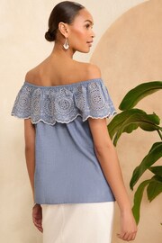 Love & Roses Blue Chambray Broderie Bardot Trim Detail Top - Image 3 of 4