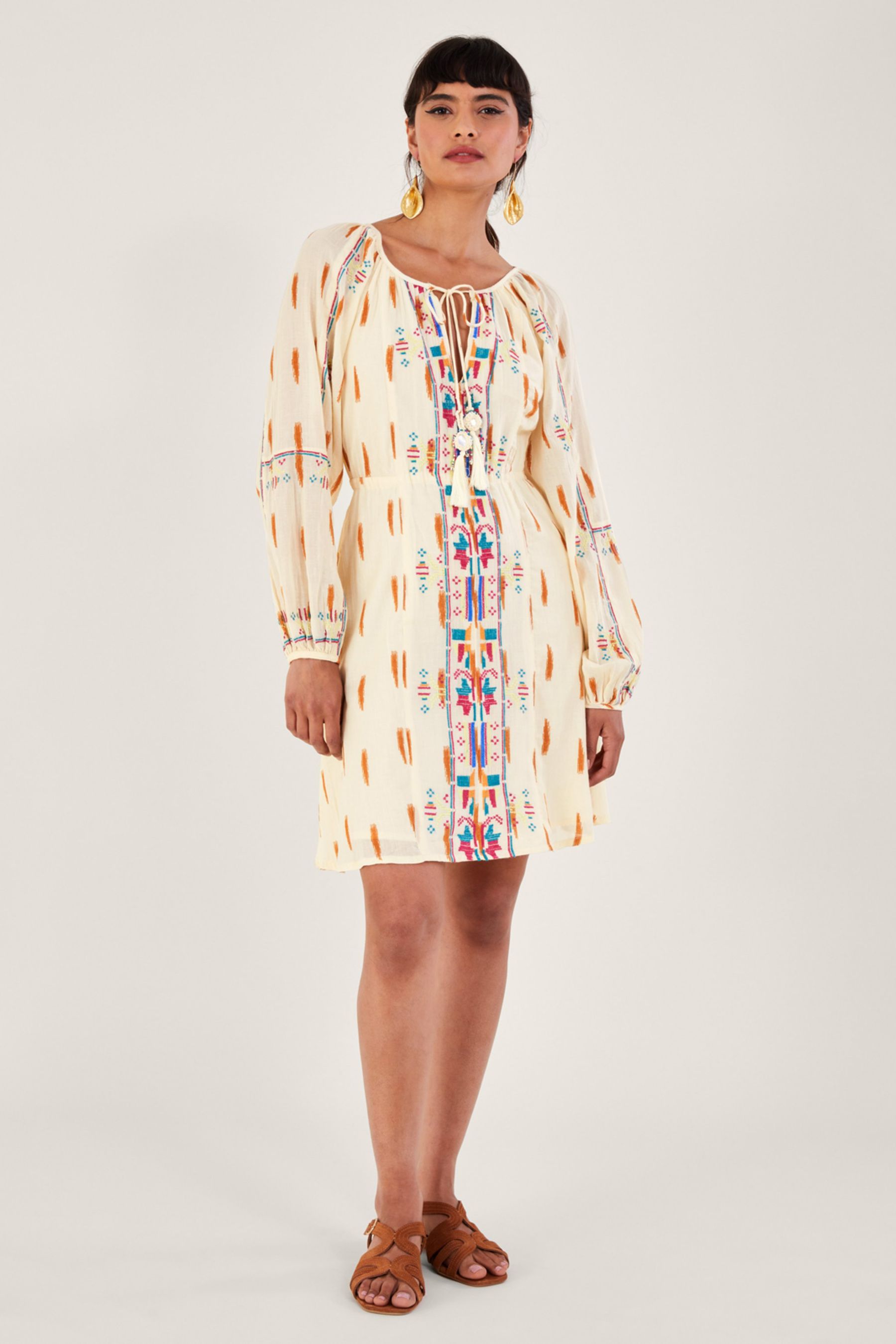 Buy Monsoon Natural 100 Cotton Aztec Style Print and Embroidered Short Dress from the Next UK online shop
