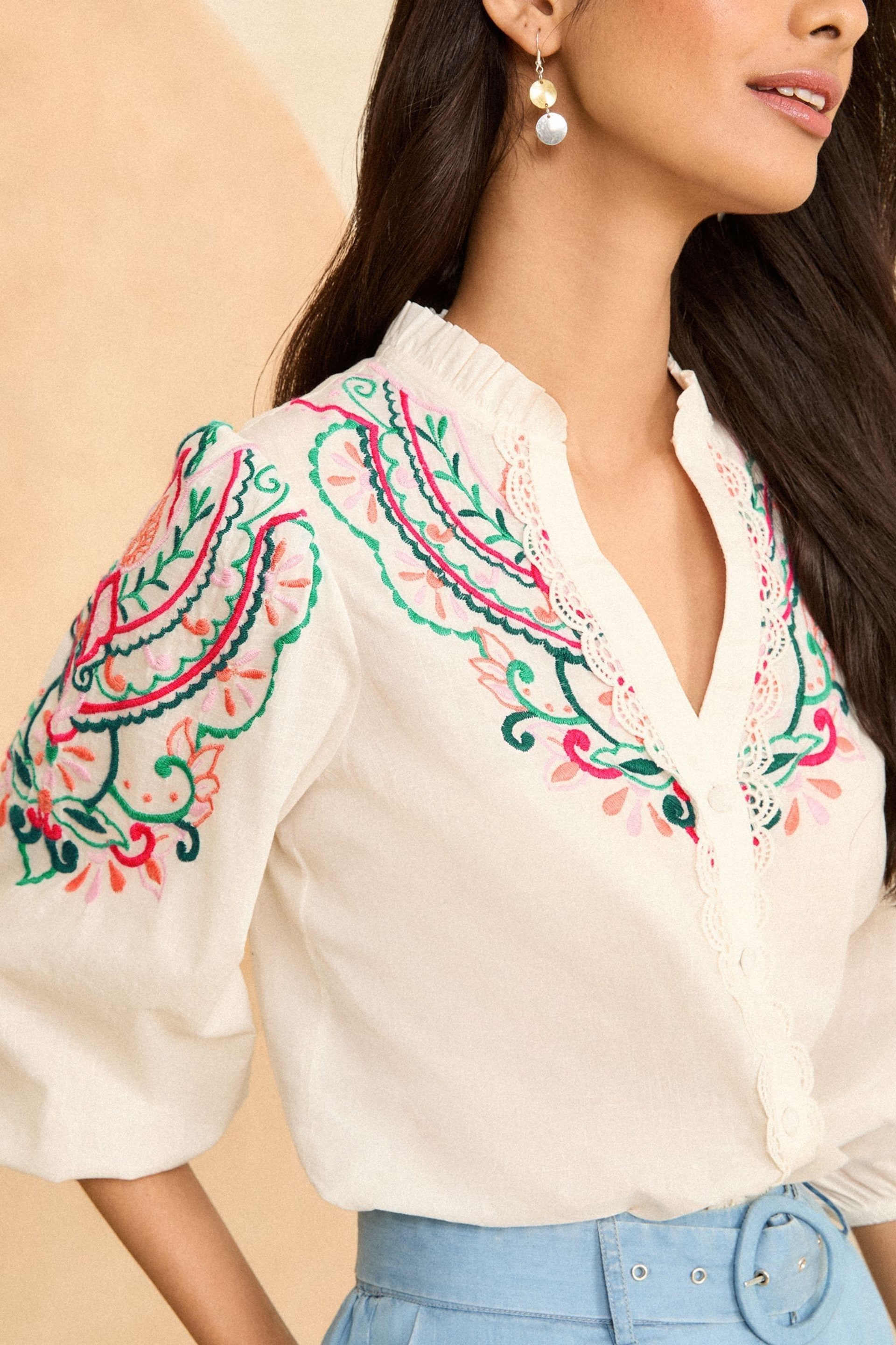 Love & Roses Ivory Embroidered V Neck 3/4 Sleeve Blouse - Image 2 of 4