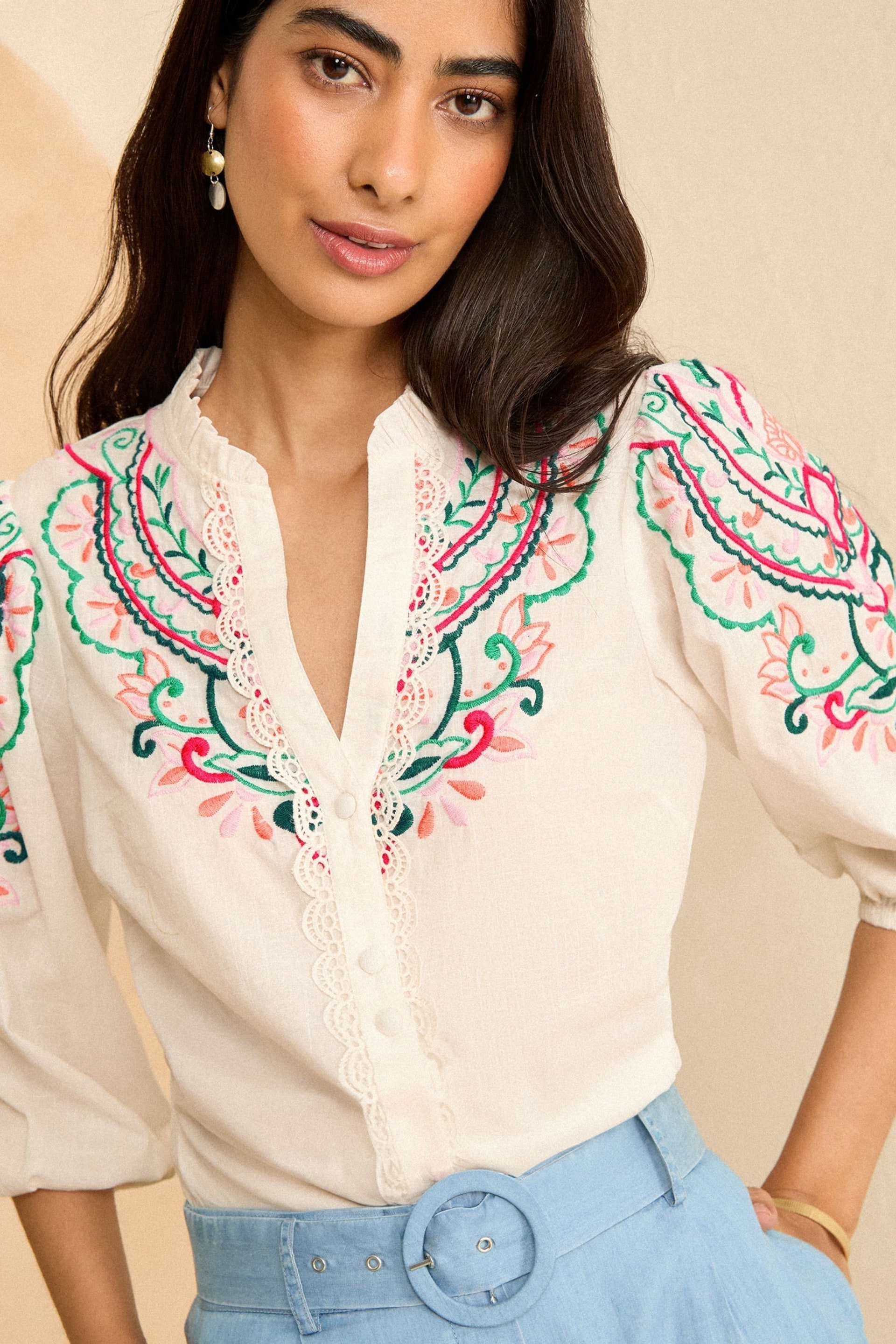 Love & Roses Ivory Embroidered V Neck 3/4 Sleeve Blouse - Image 3 of 4