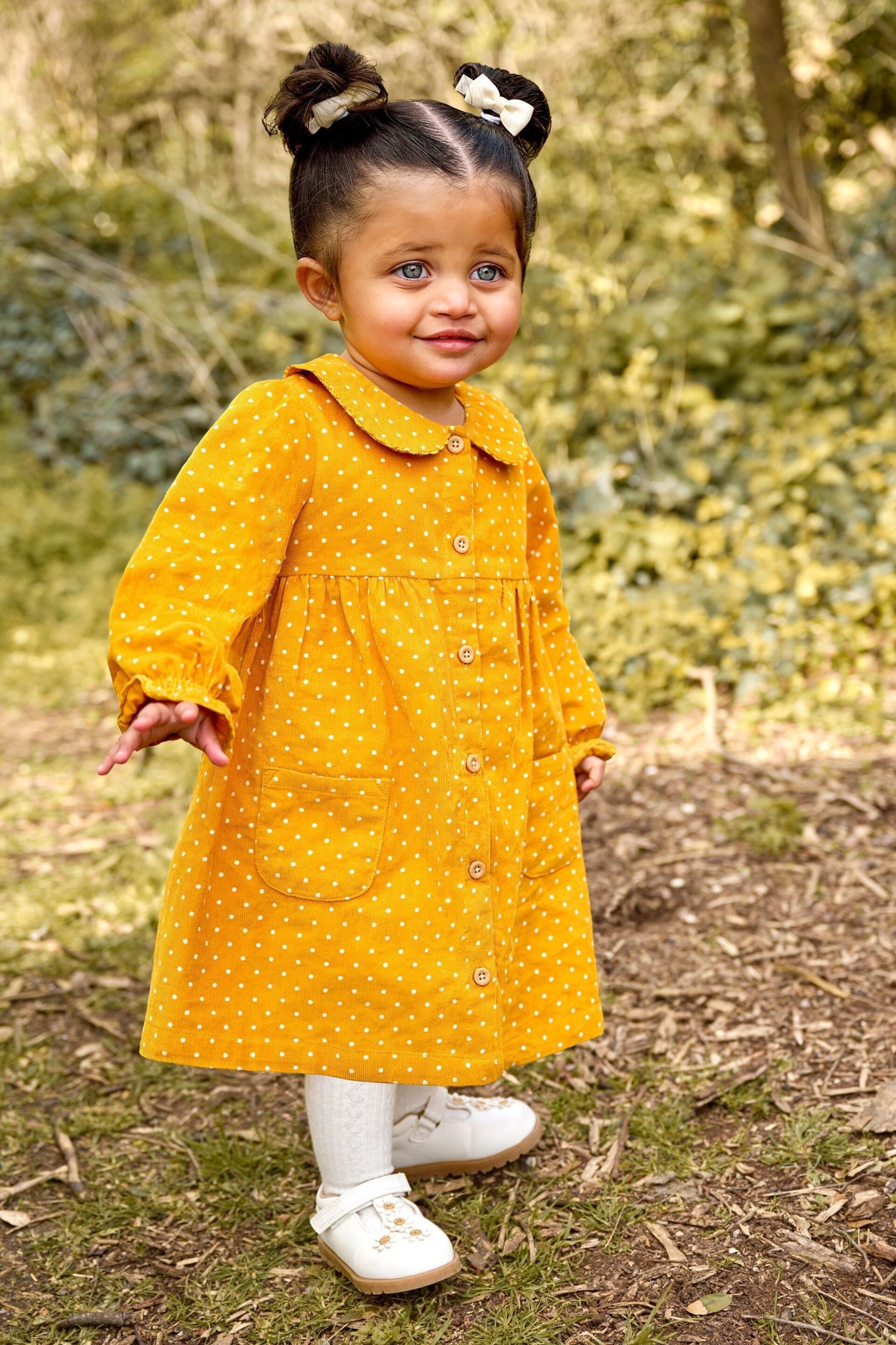 JoJo Maman Bébé Mustard Yellow Spot Classic Cord Shirt Dress - Image 1 of 3