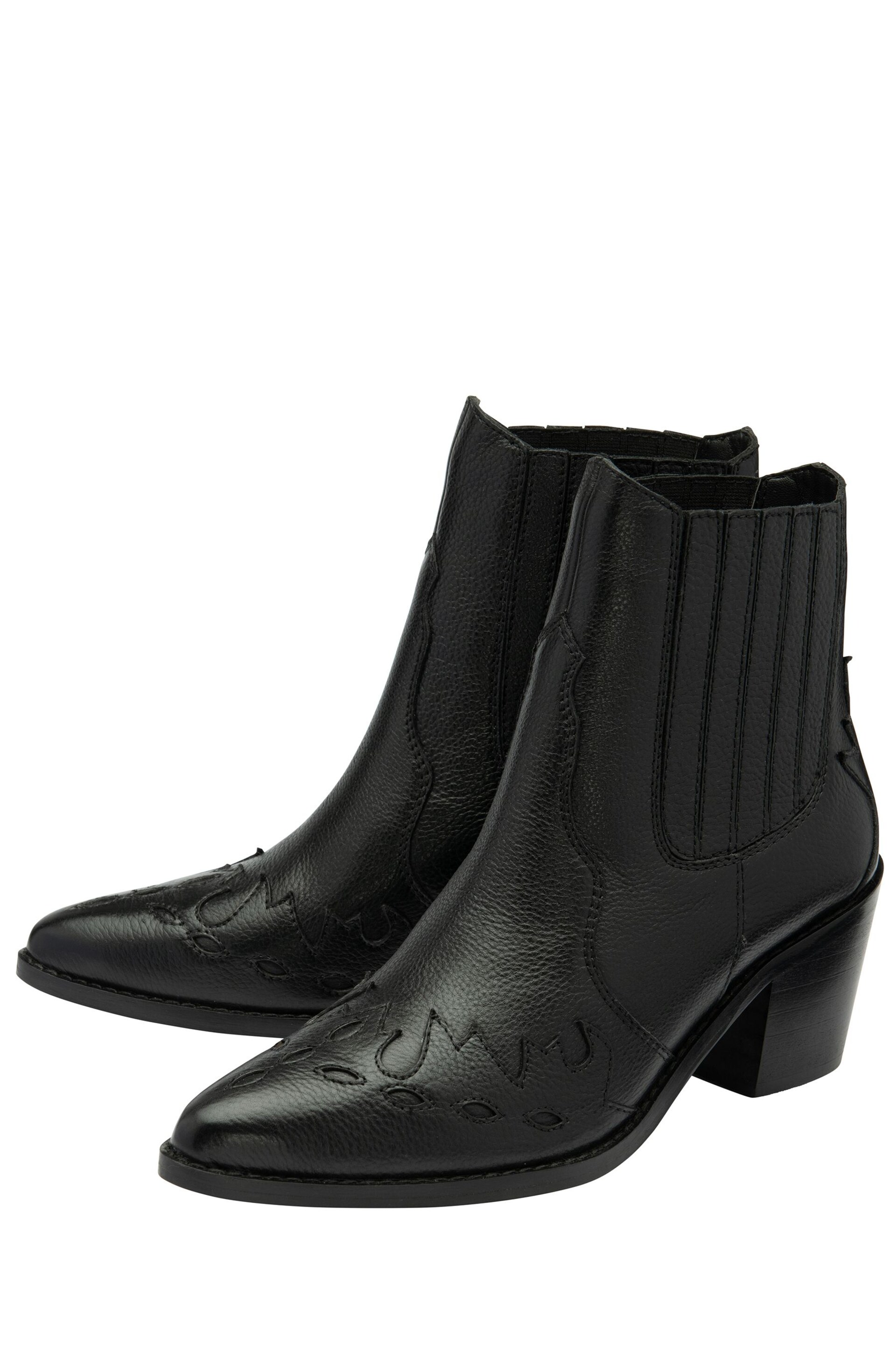 Ravel Black Leather Block Heel Western Ankle Boots - Image 2 of 4