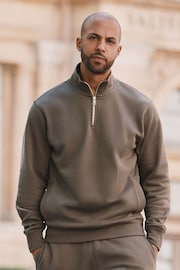 Brown Zip Neck Jersey Cotton Rich Sweatshirt - Image 1 of 8