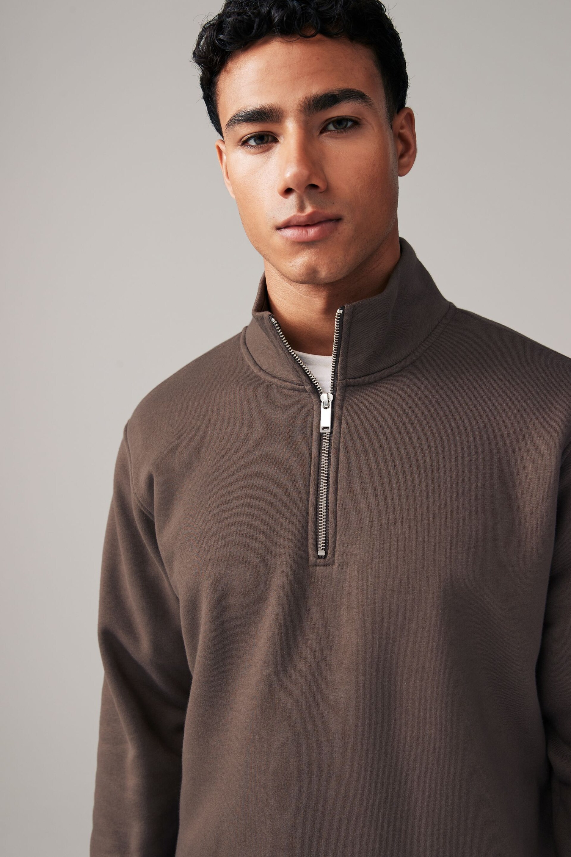 Brown Zip Neck Jersey Cotton Rich Sweatshirt - Image 2 of 8