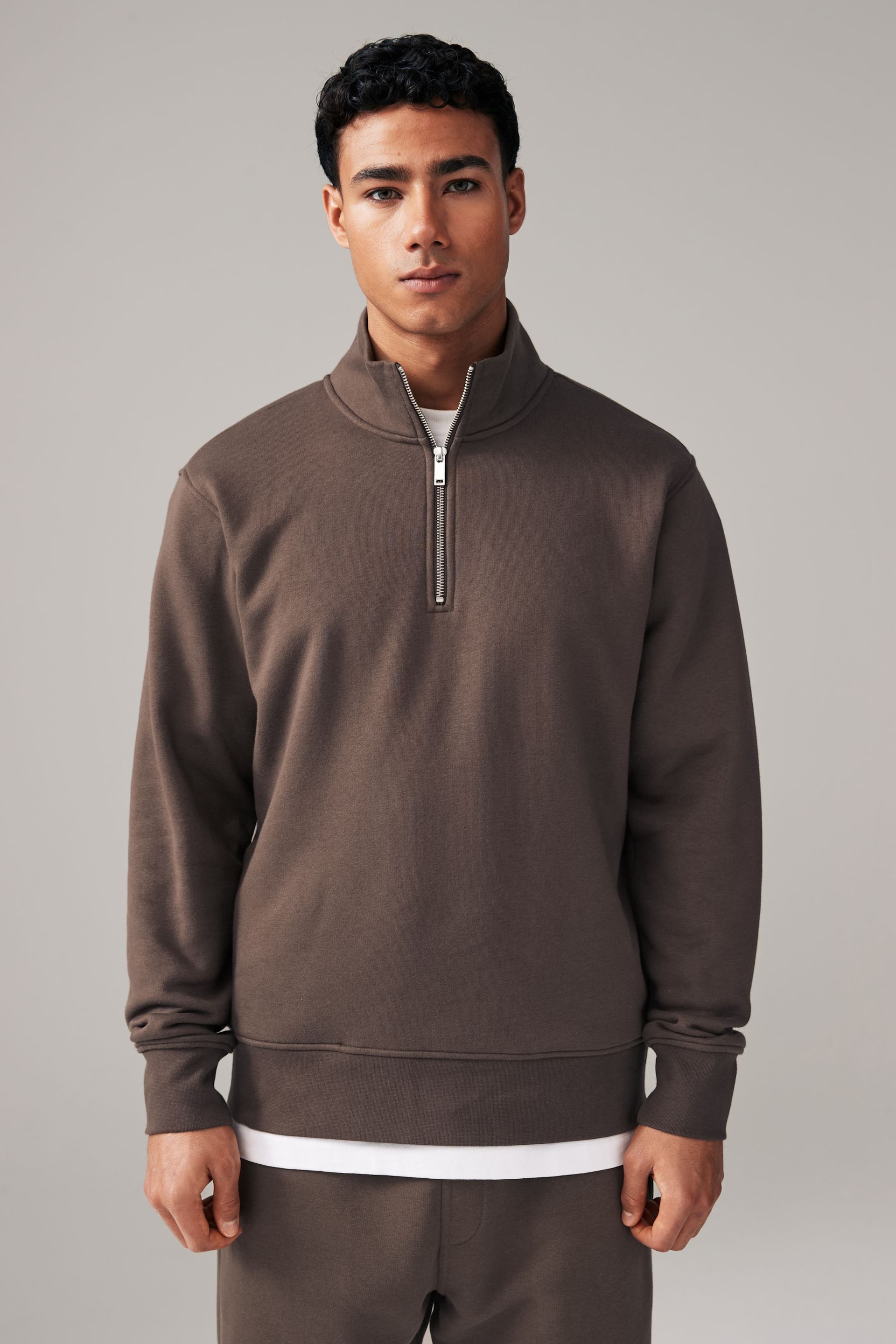 Brown Zip Neck Jersey Cotton Rich Sweatshirt - Image 4 of 8