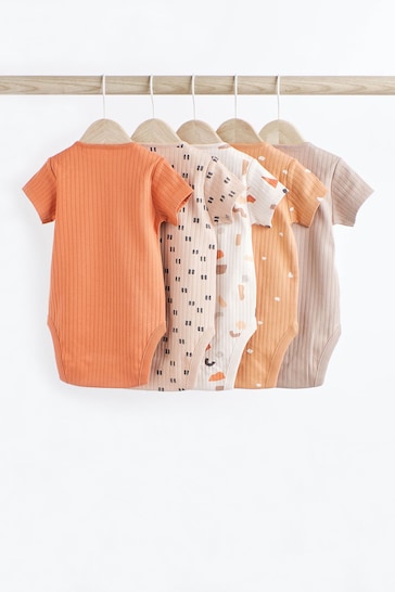 Neutral Print Baby Short Sleeve Rib Bodysuits 5 Pack