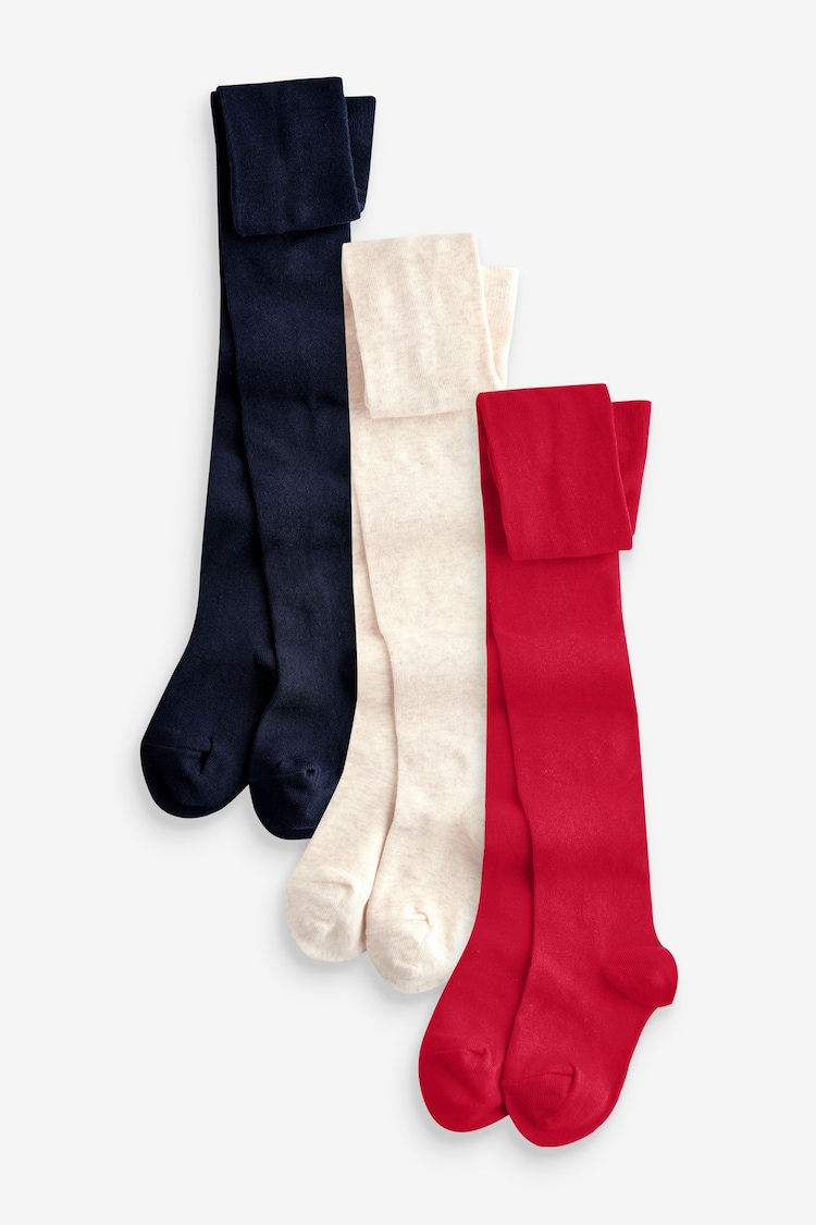 Red Navy Blue and Cream Cotton Rich Tights 3 Pack - Image 1 of 4