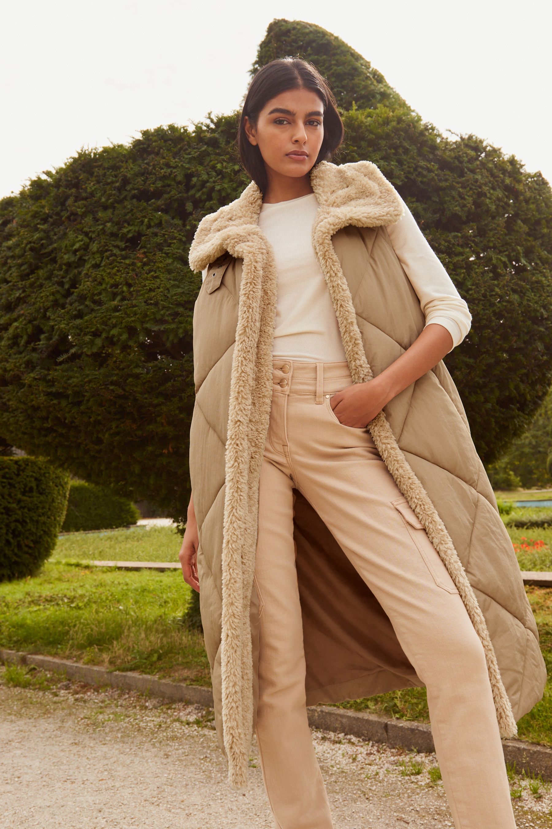 Buy Tan Brown Teddy Quilted Gilet With Borg Collar from Next Luxembourg