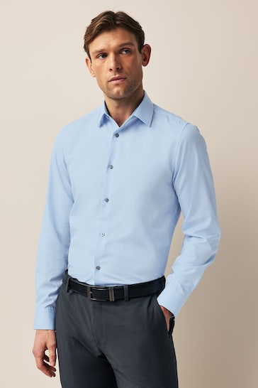 Blue Regular Fit Cotton Textured Trimmed Single Cuff Shirt