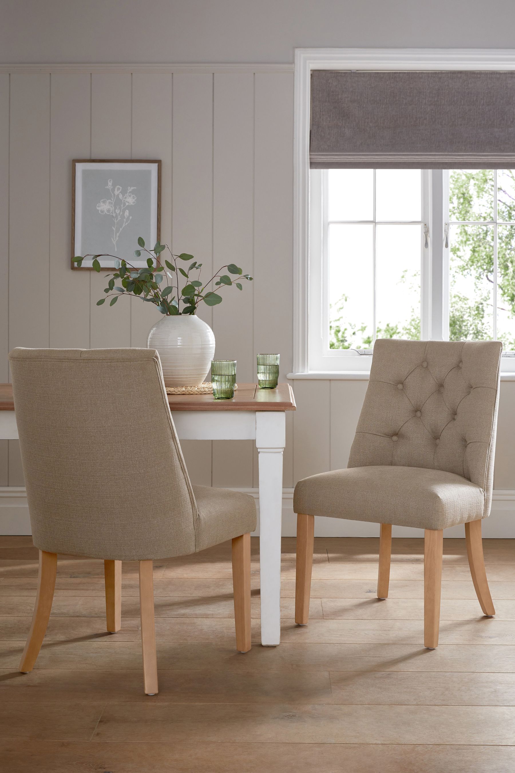 Buy Set of 2 Soft Linen Look Light Natural Wolton Light Wood Leg Collection Luxe Button Dining Chairs from the Next UK online shop
