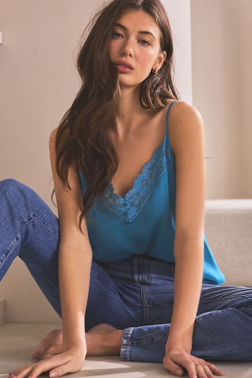 Teal Blue Broderie Lace Trim Cami Top