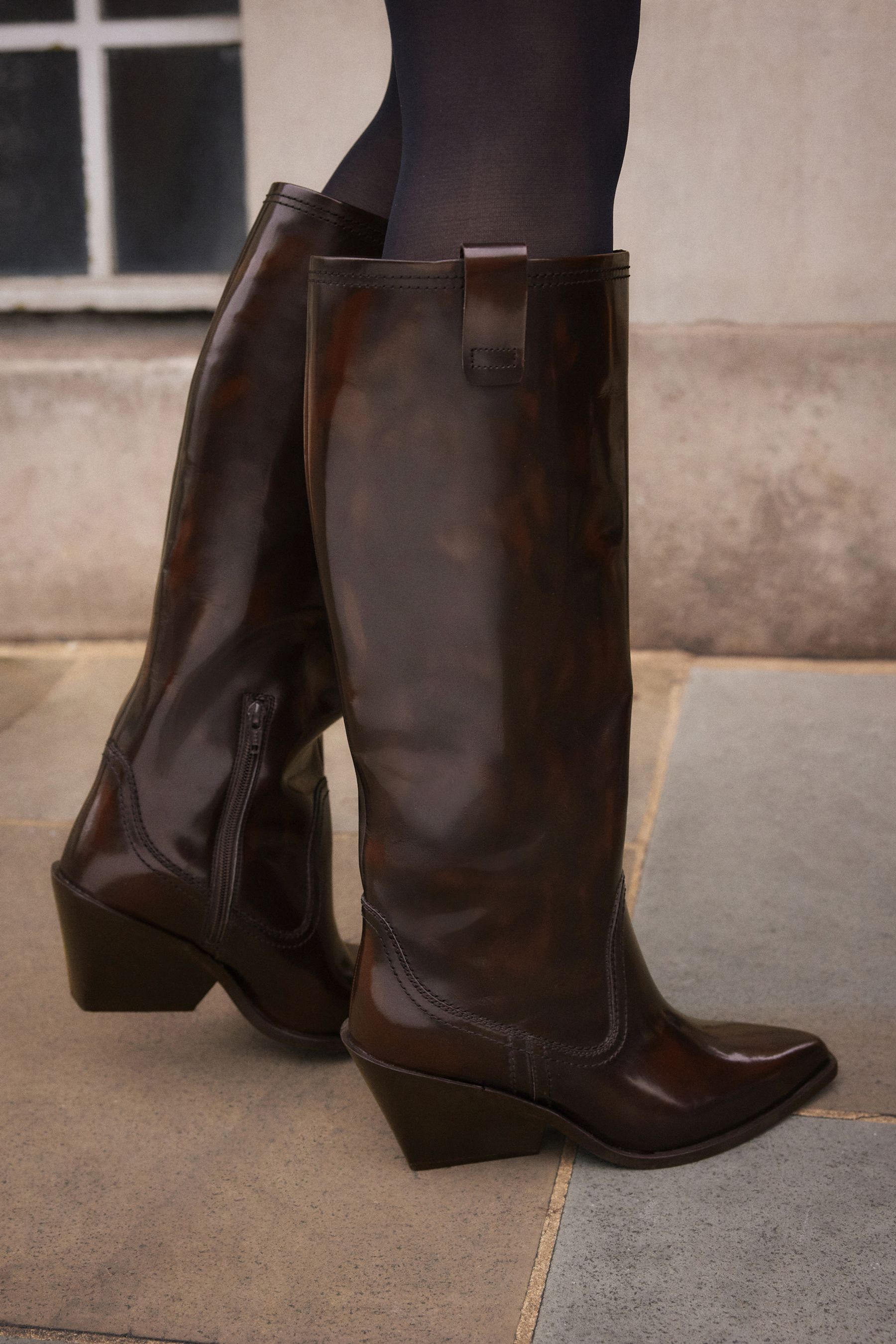 Buy Chocolate Brown Premium Leather Knee High Heeled Western Boots from Next Canada
