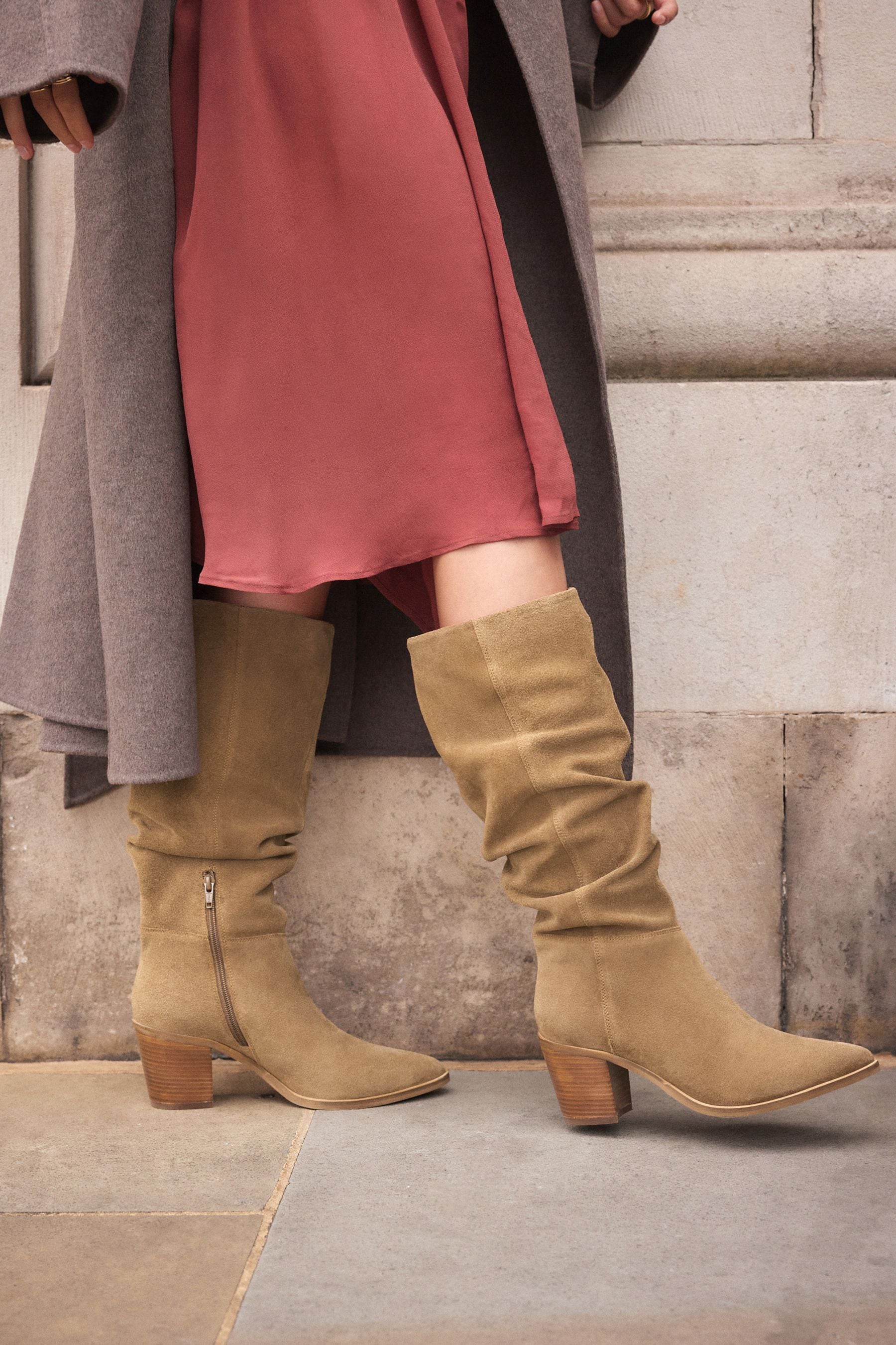 Tan slouchy knee high boots discount