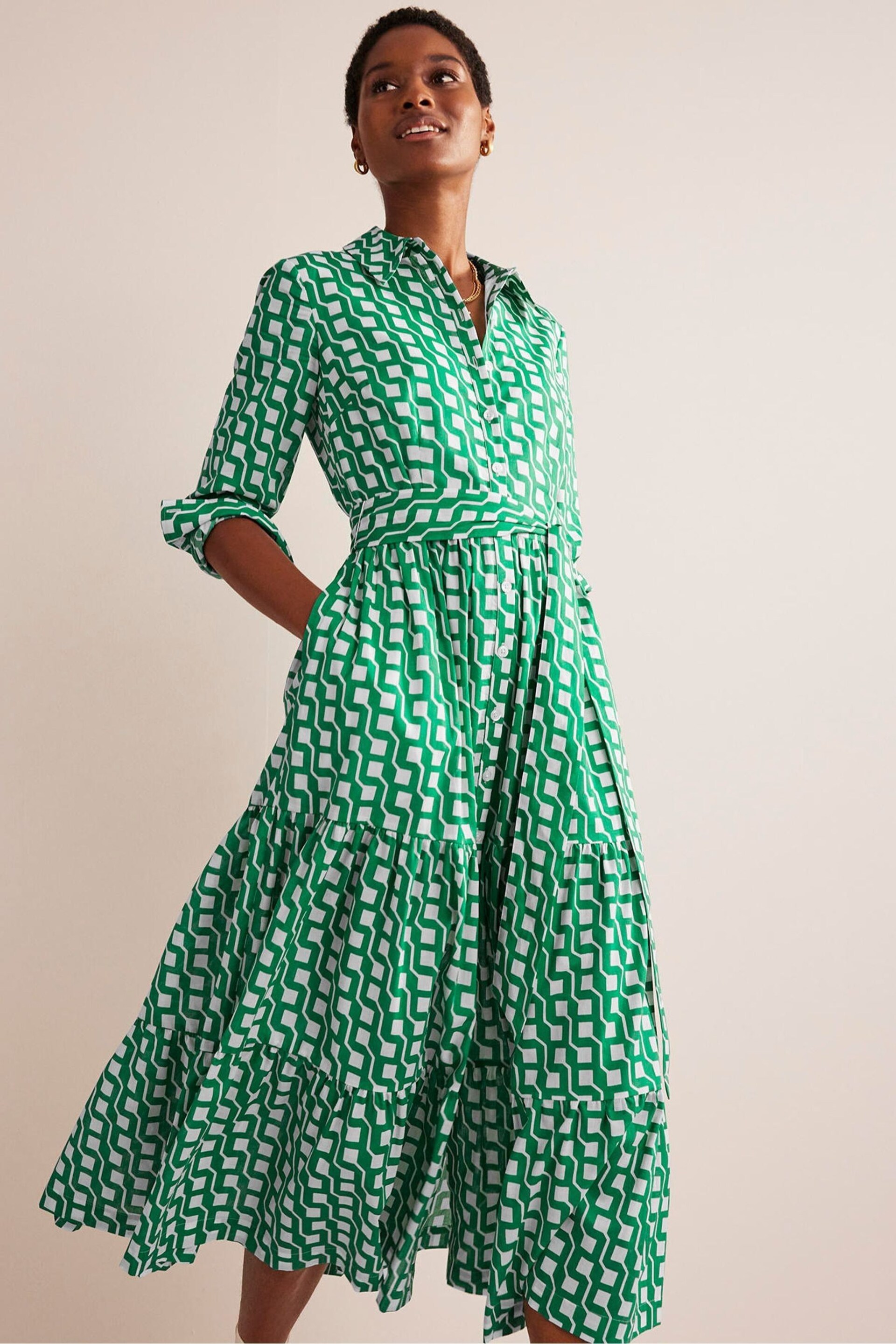 Boden Green Tiered Cotton Maxi Shirt Dress - Image 2 of 5