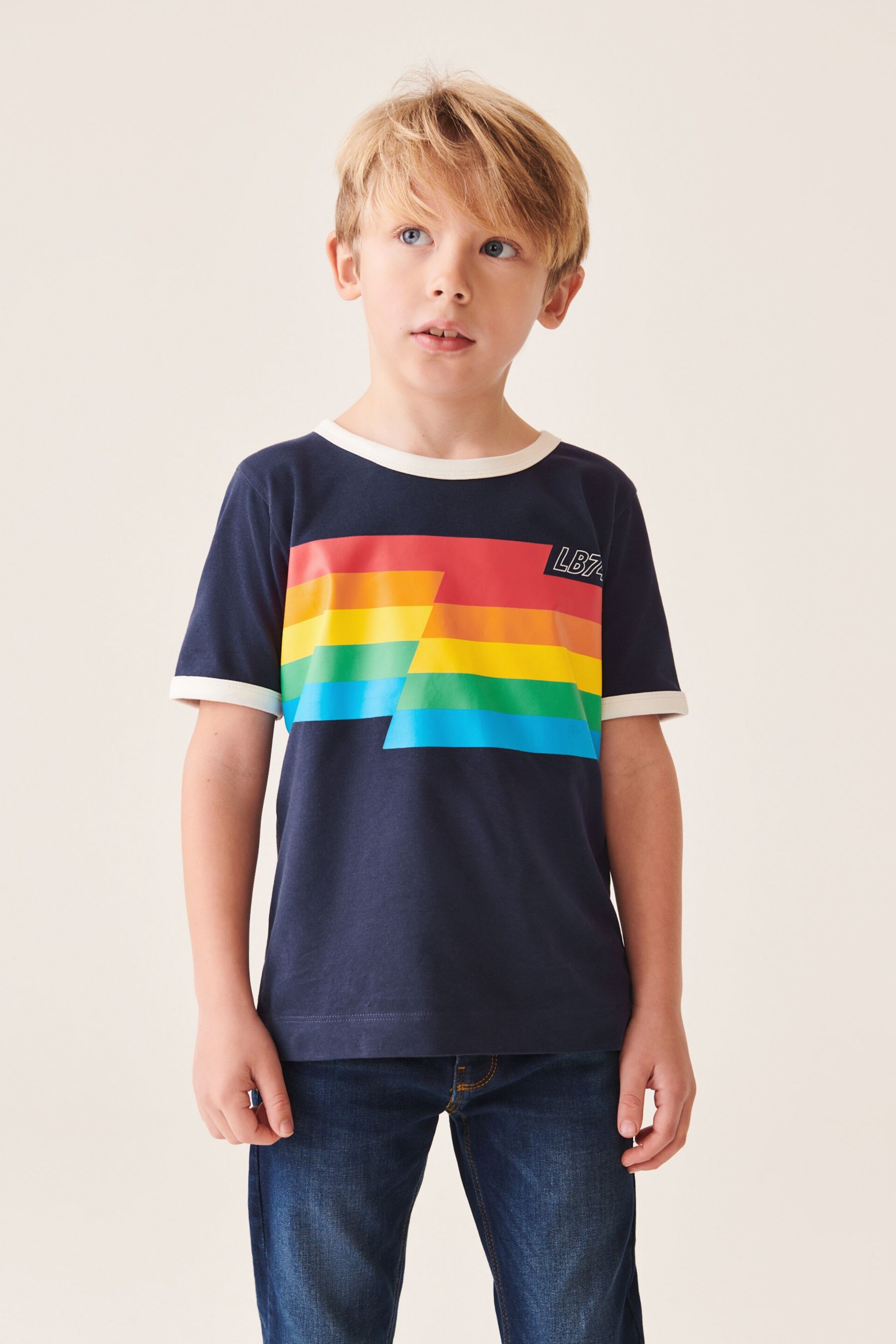 Little Bird by Jools Oliver Navy/Ecru Stripe Short Sleeve Raglan Colourful T-Shirt - Image 1 of 6