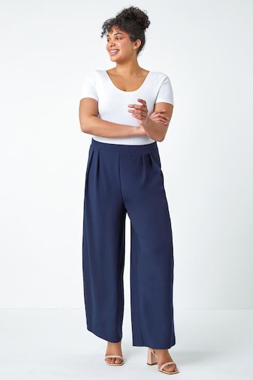 Roman Blue Curve Wide Leg Pleat Stretch Trousers