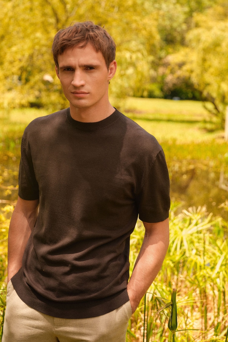 Black Knitted Regular Fit T-Shirt - Image 1 of 7