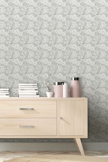 Vymura London Grey Stamped Floral Wallpaper