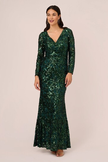 Adrianna Papell Green Sequin Lace Long Gown