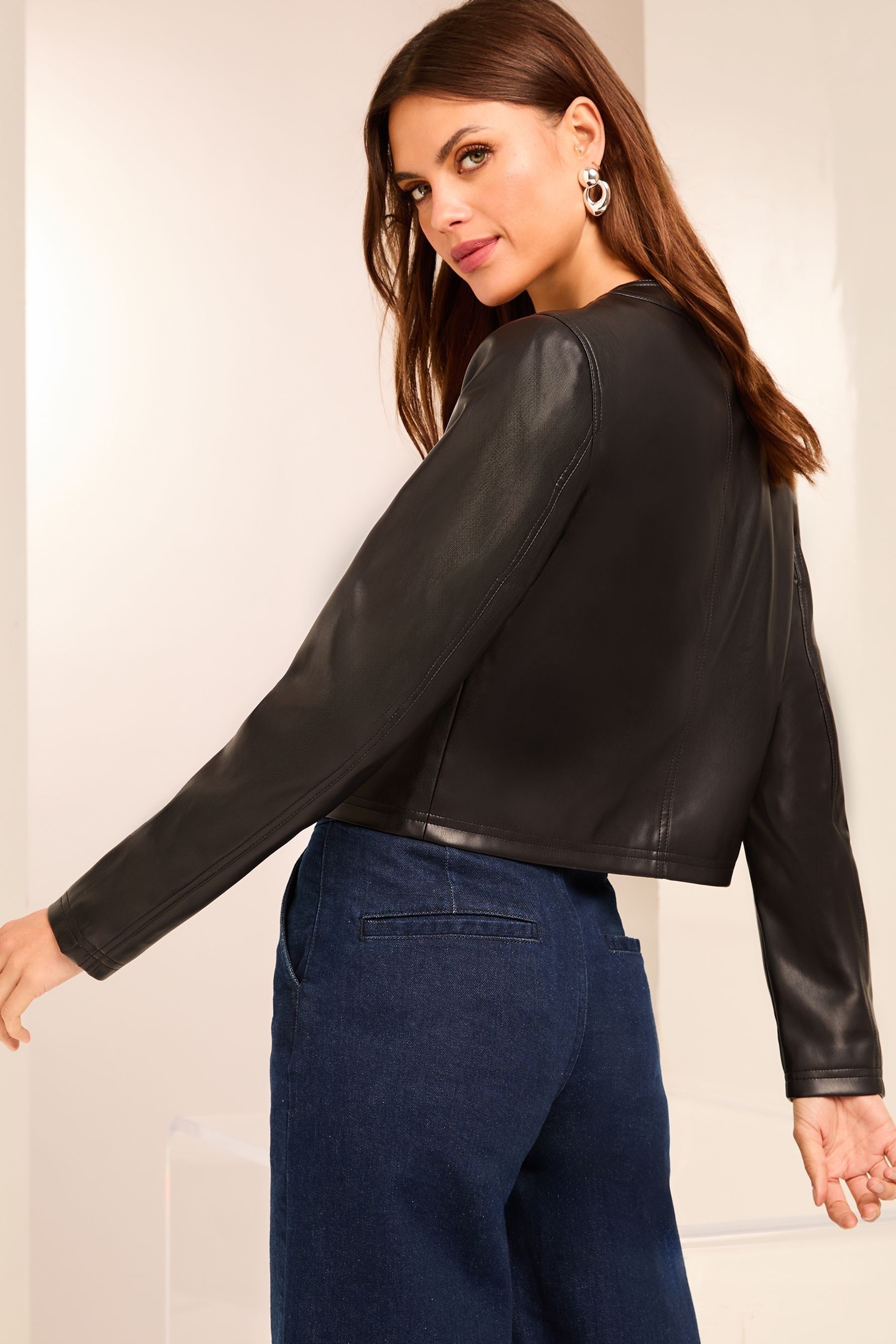 Lipsy Back Plait Pocket Faux Leather Collarless Jacket