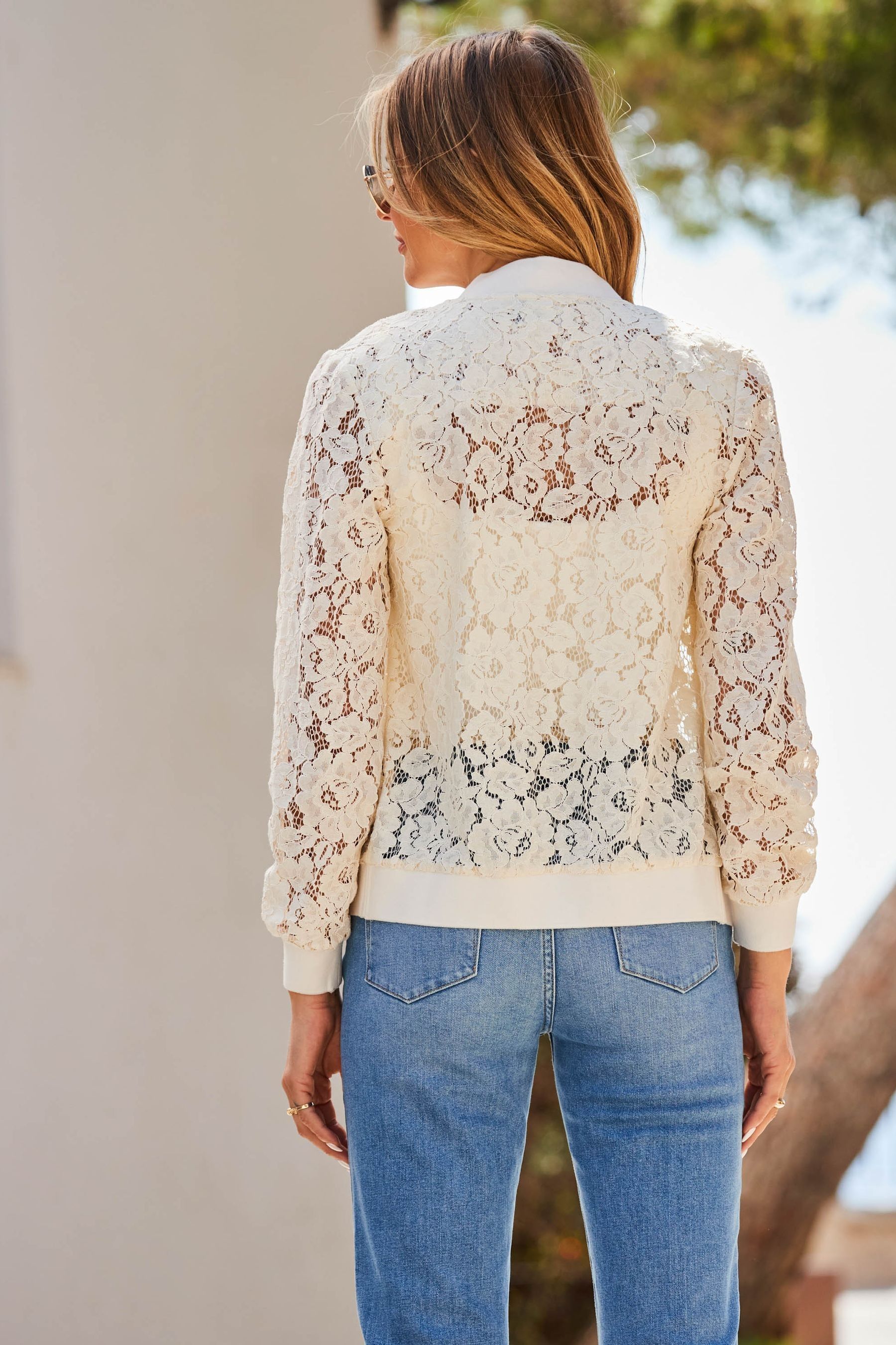 Sosandar Cream Lace Summer Bomber Jacket