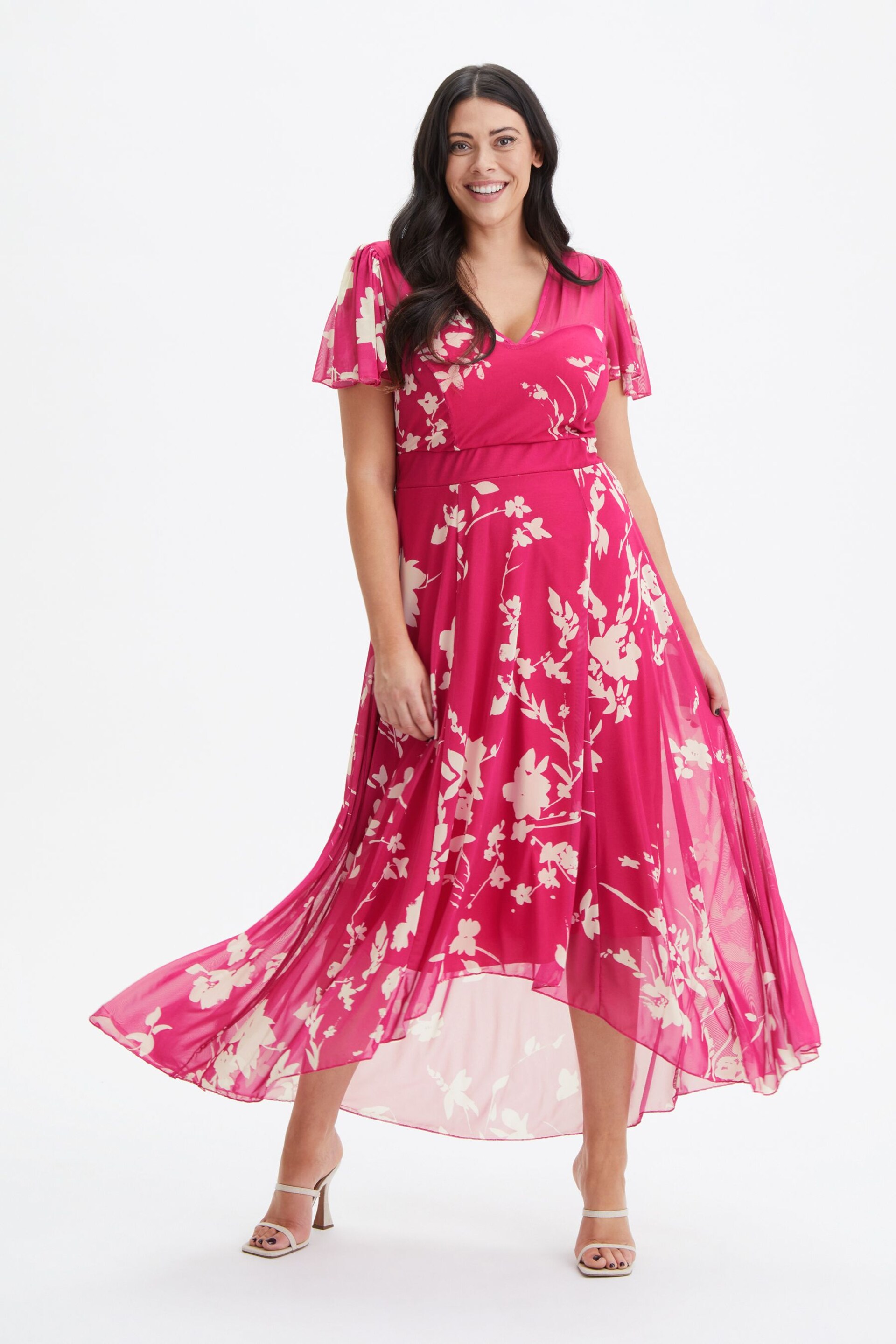 Scarlett & Jo Pink Tilly Print Angel Sleeve Sweetheart Dress - Image 1 of 4