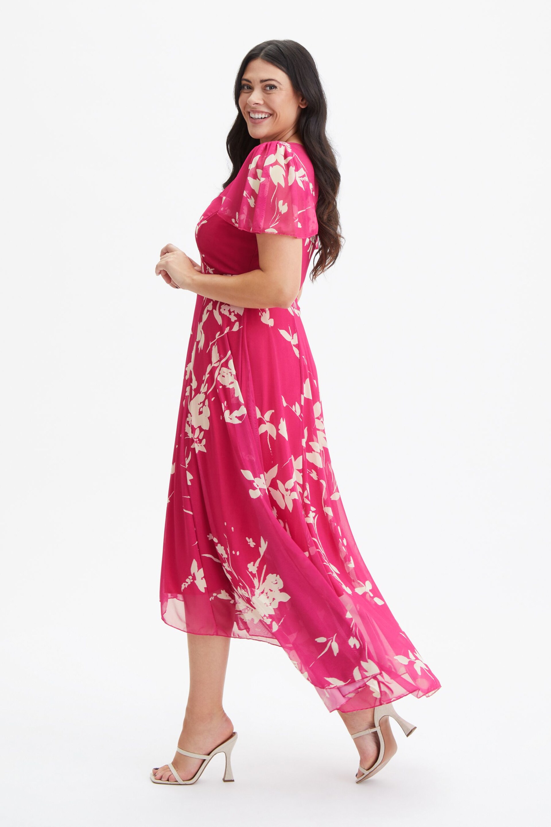 Scarlett & Jo Pink Tilly Print Angel Sleeve Sweetheart Dress - Image 3 of 4