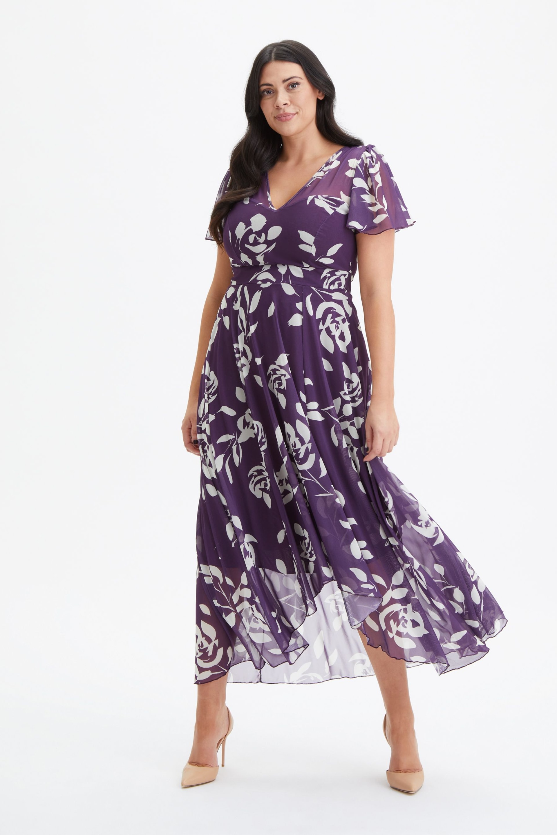 Scarlett & Jo Purple Tilly Print Angel Sleeve Sweetheart Dress - Image 1 of 4