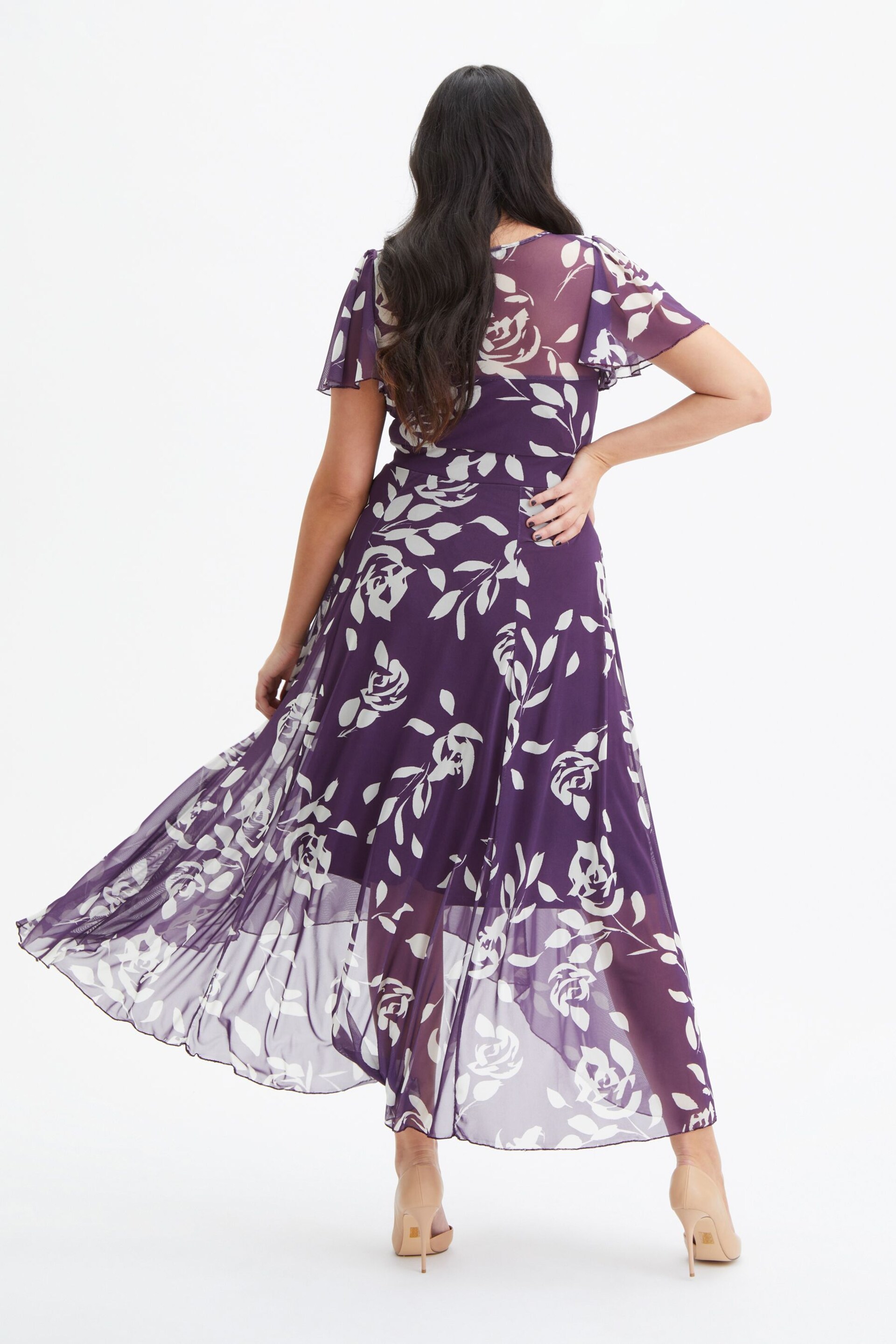 Scarlett & Jo Purple Tilly Print Angel Sleeve Sweetheart Dress - Image 2 of 4