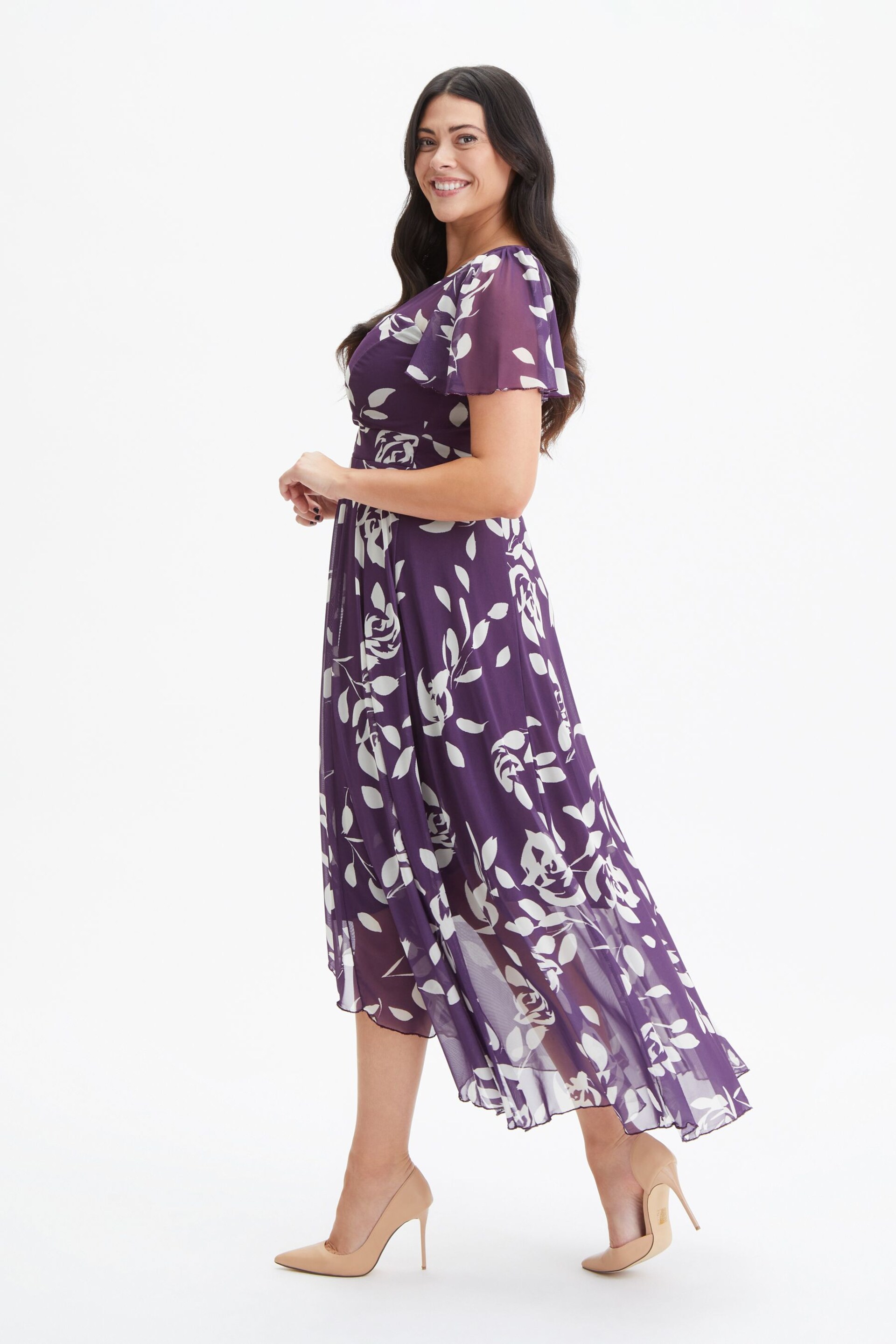 Scarlett & Jo Purple Tilly Print Angel Sleeve Sweetheart Dress - Image 3 of 4