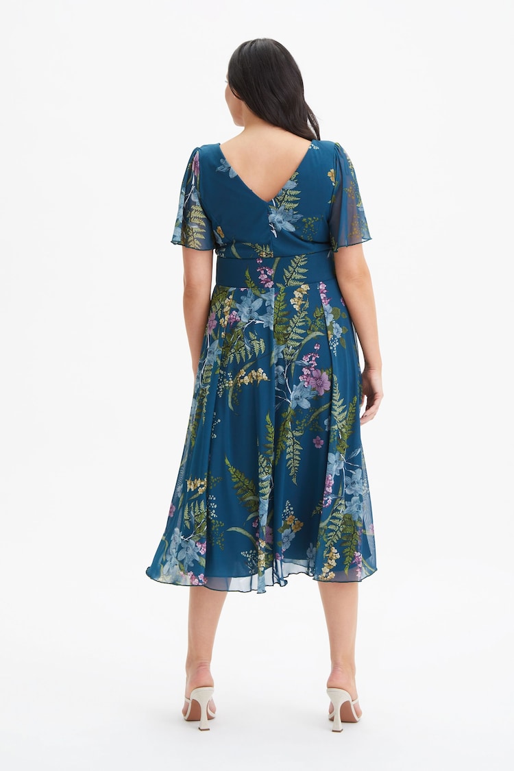 Scarlett & Jo Teal Blue Floral Victoria Angel Sleeve Mesh Midi Dress - Image 2 of 4