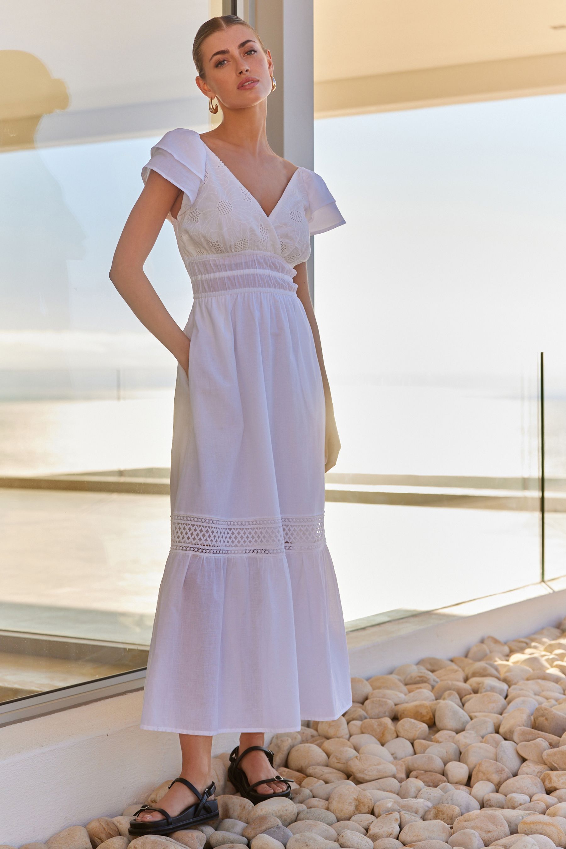White midi frill dress cheap
