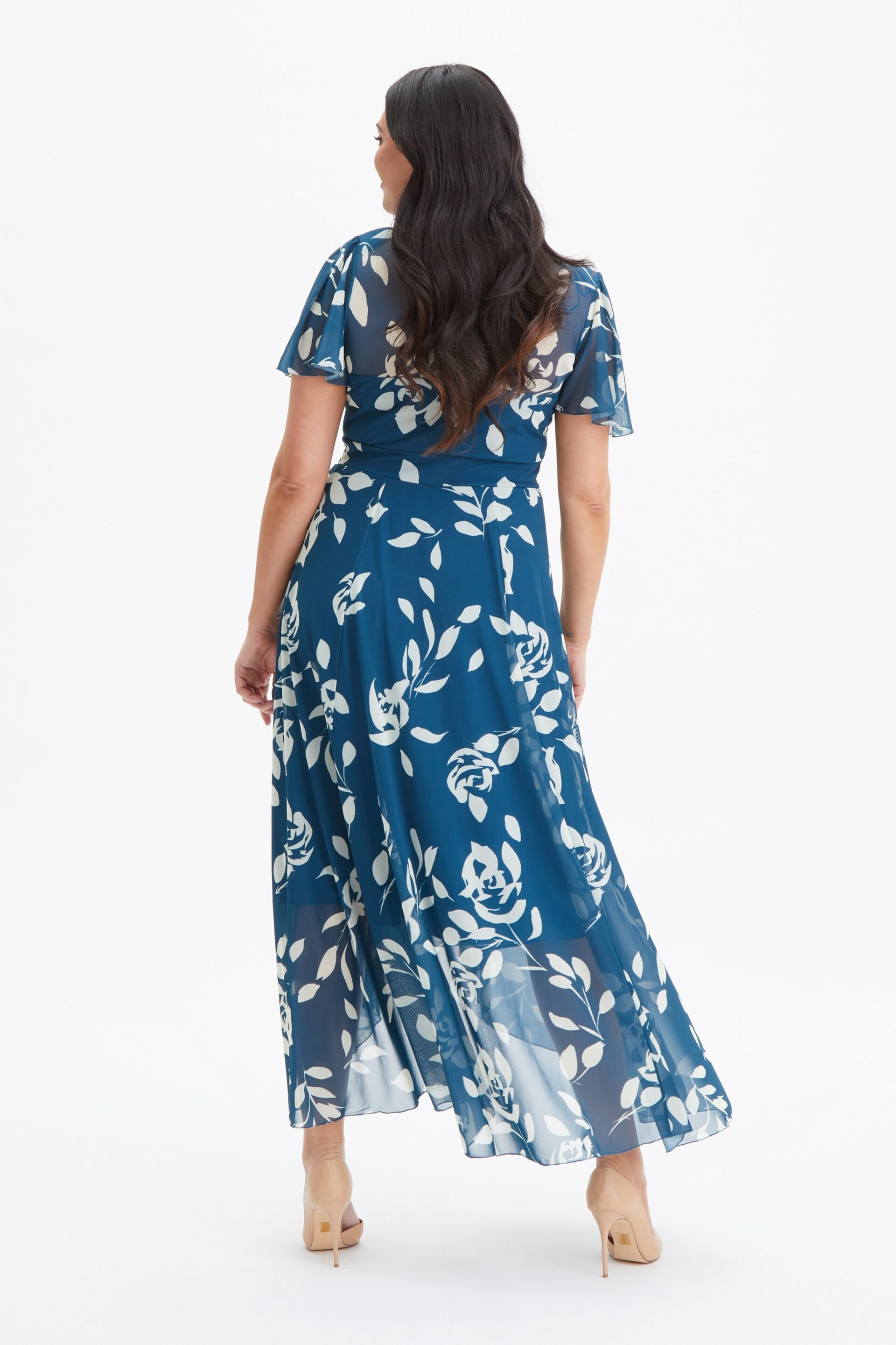 Scarlett & Jo Blue Tilly Print Angel Sleeve Sweetheart Dress - Image 2 of 4