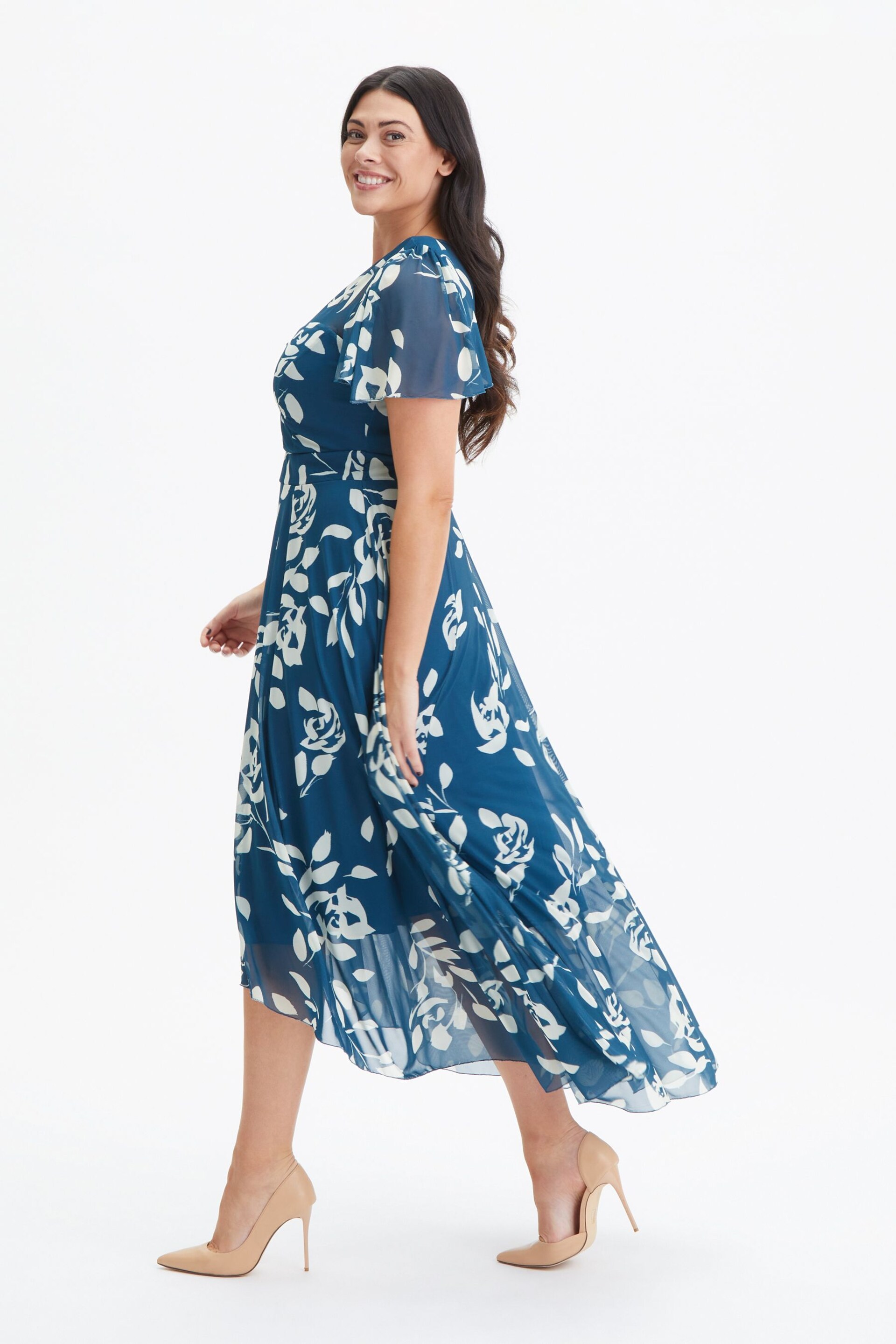 Scarlett & Jo Blue Tilly Print Angel Sleeve Sweetheart Dress - Image 3 of 4