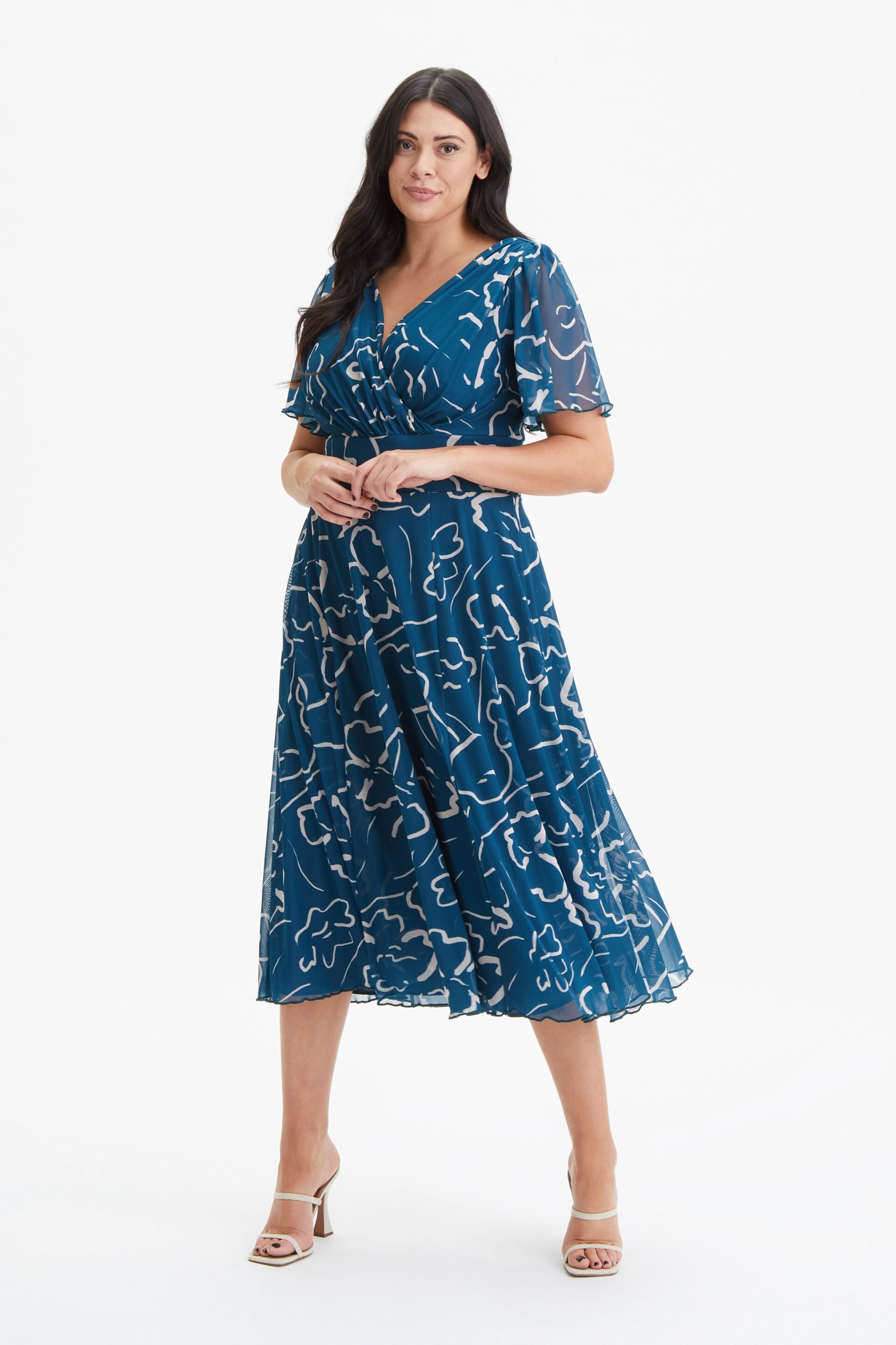 Scarlett & Jo Teal Blue Victoria Angel Sleeve Mesh Midi Dress - Image 1 of 4