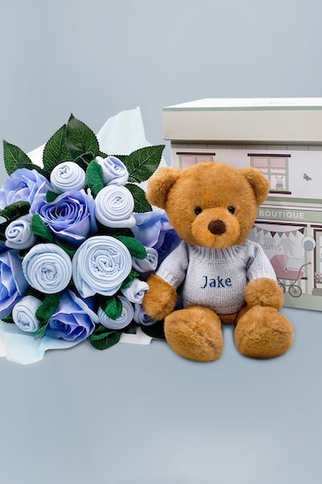 Babyblooms Luxury Blue Bouquet and Personalised Charlie Bear Soft Toy Baby Gift