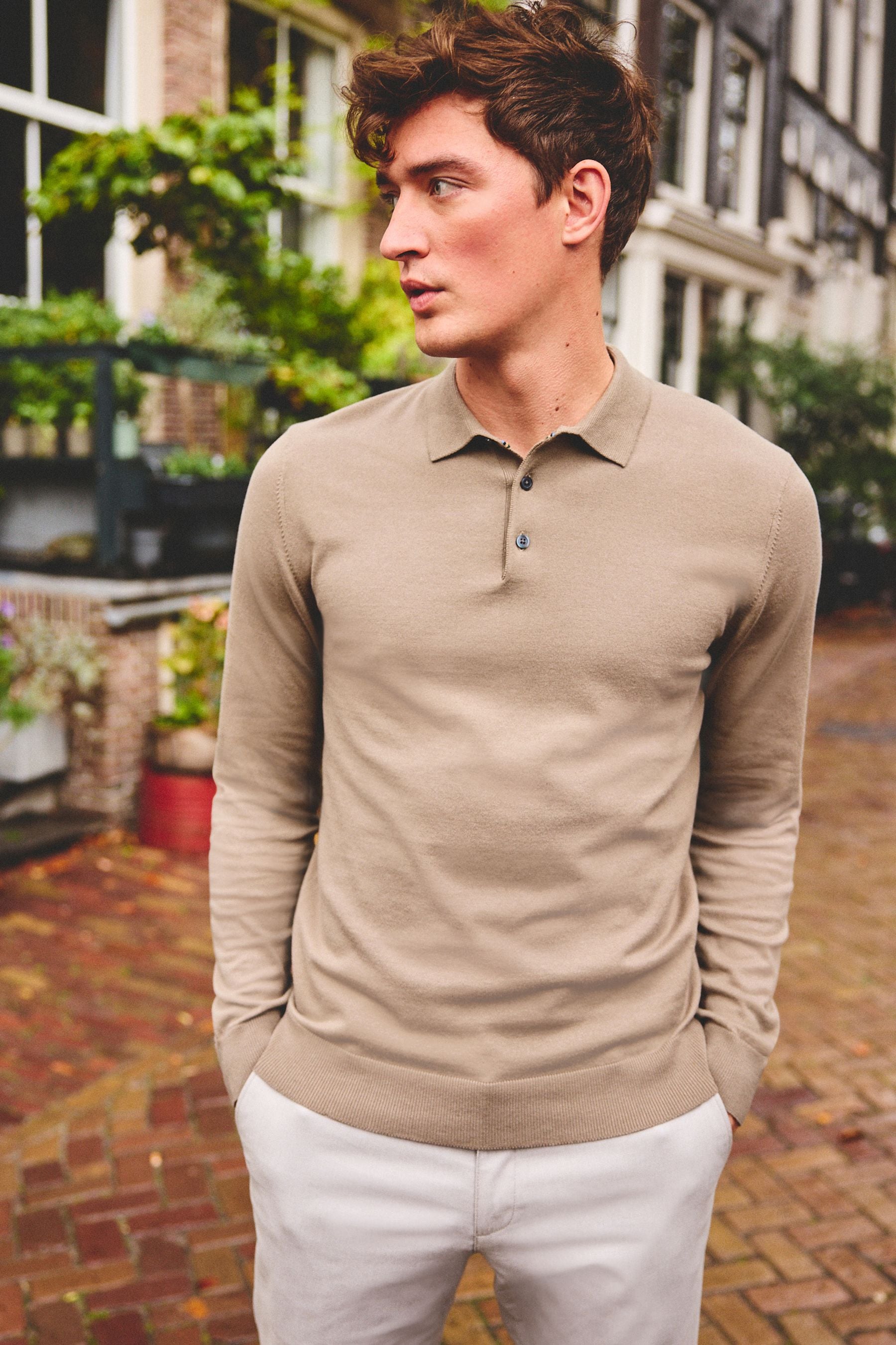 Mens beige deals long sleeve polo