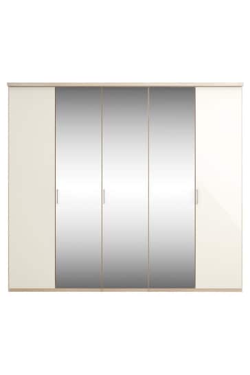 Wiemann Peyton Rustic Oak / White Glass and Mirror Semi Fitted 5 Door Wardrobe