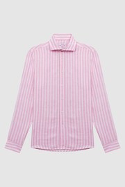 Reiss Soft Pink Herringbone Stripe Ruban Linen Long Sleeve Shirt - Image 2 of 5