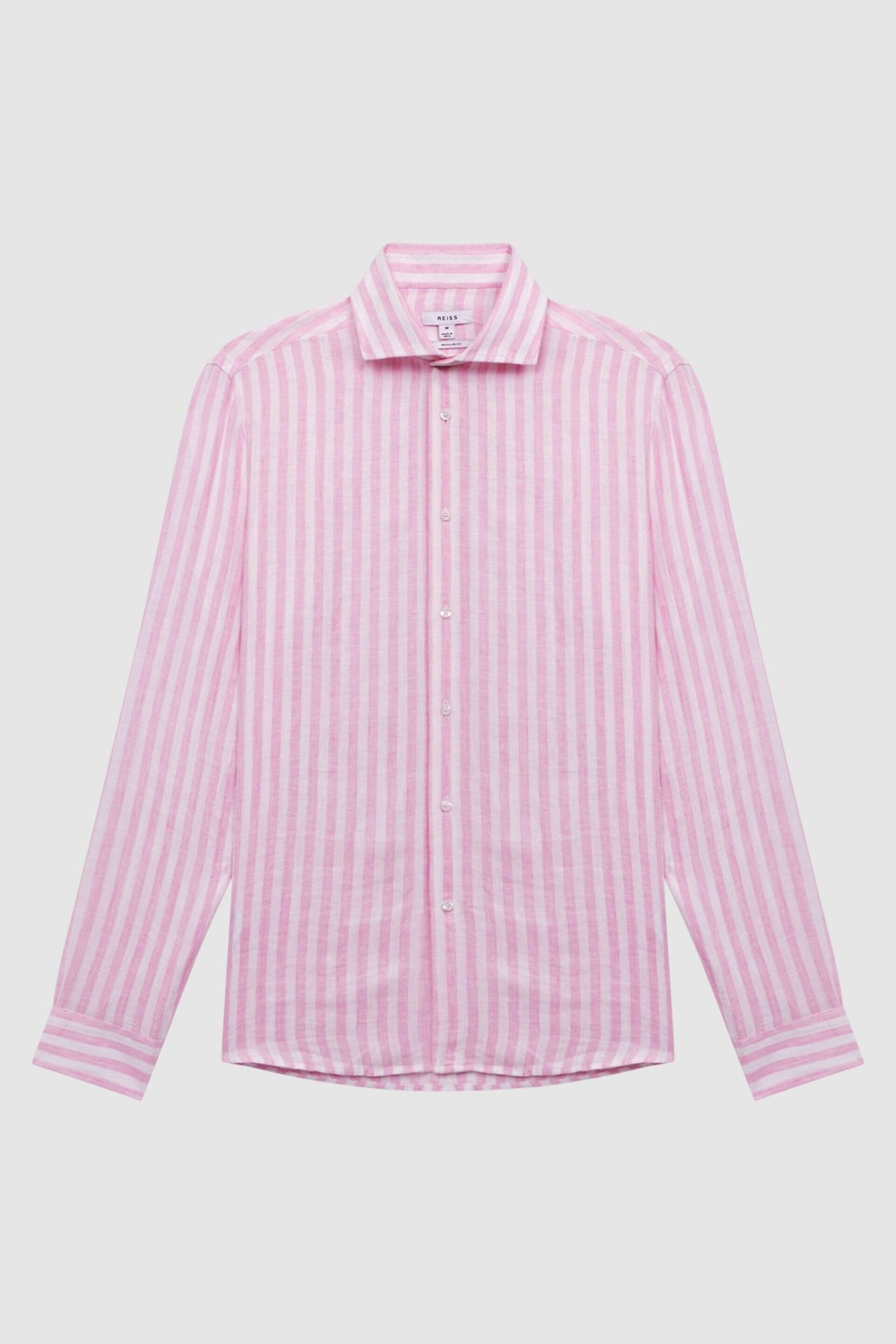 Reiss Soft Pink Herringbone Stripe Ruban Linen Long Sleeve Shirt - Image 2 of 5