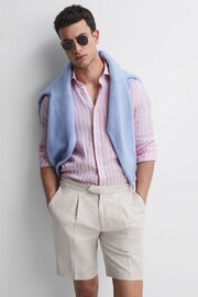 Reiss Soft Pink Herringbone Stripe Ruban Linen Long Sleeve Shirt - Image 3 of 5