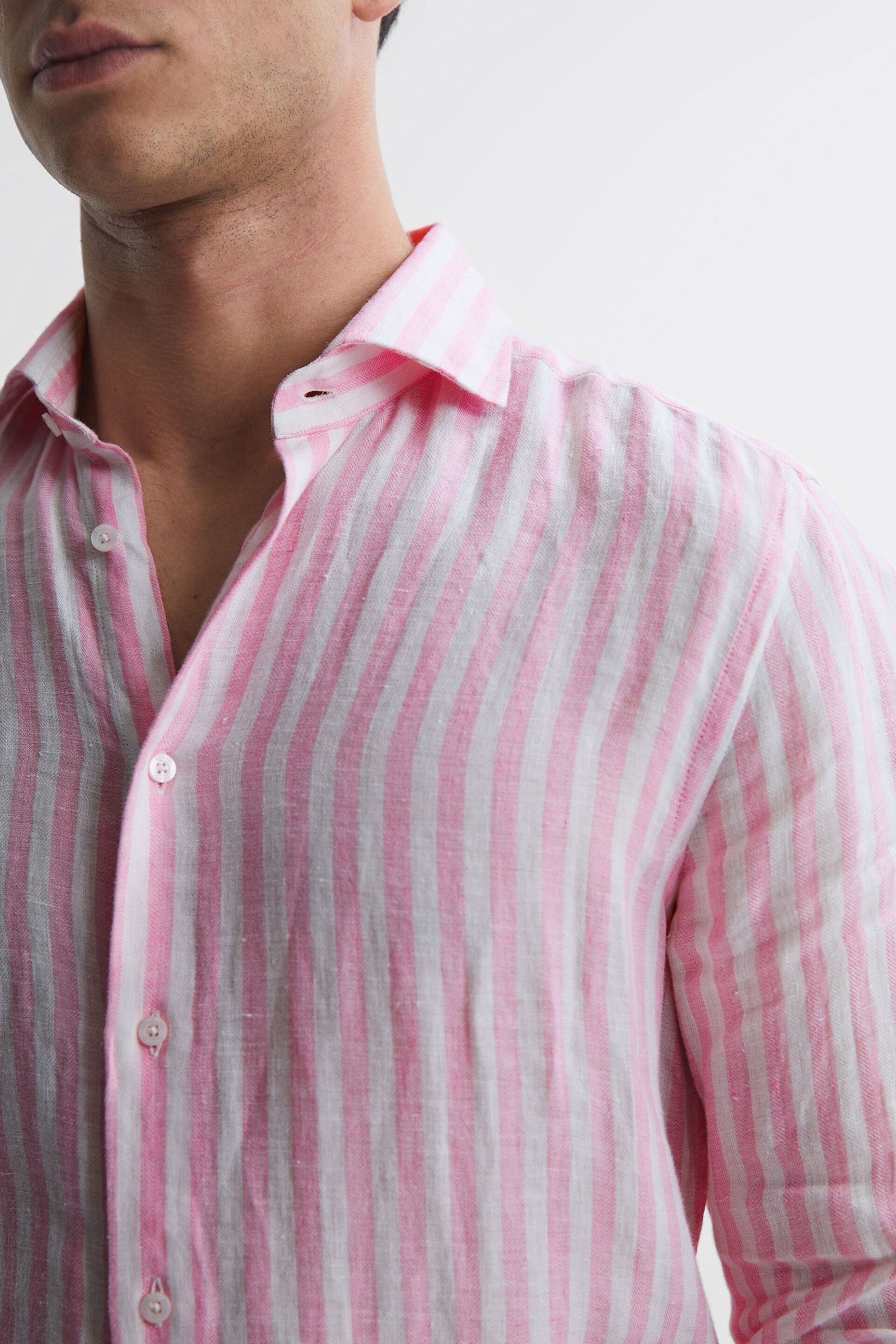 Reiss Soft Pink Herringbone Stripe Ruban Linen Long Sleeve Shirt - Image 4 of 5