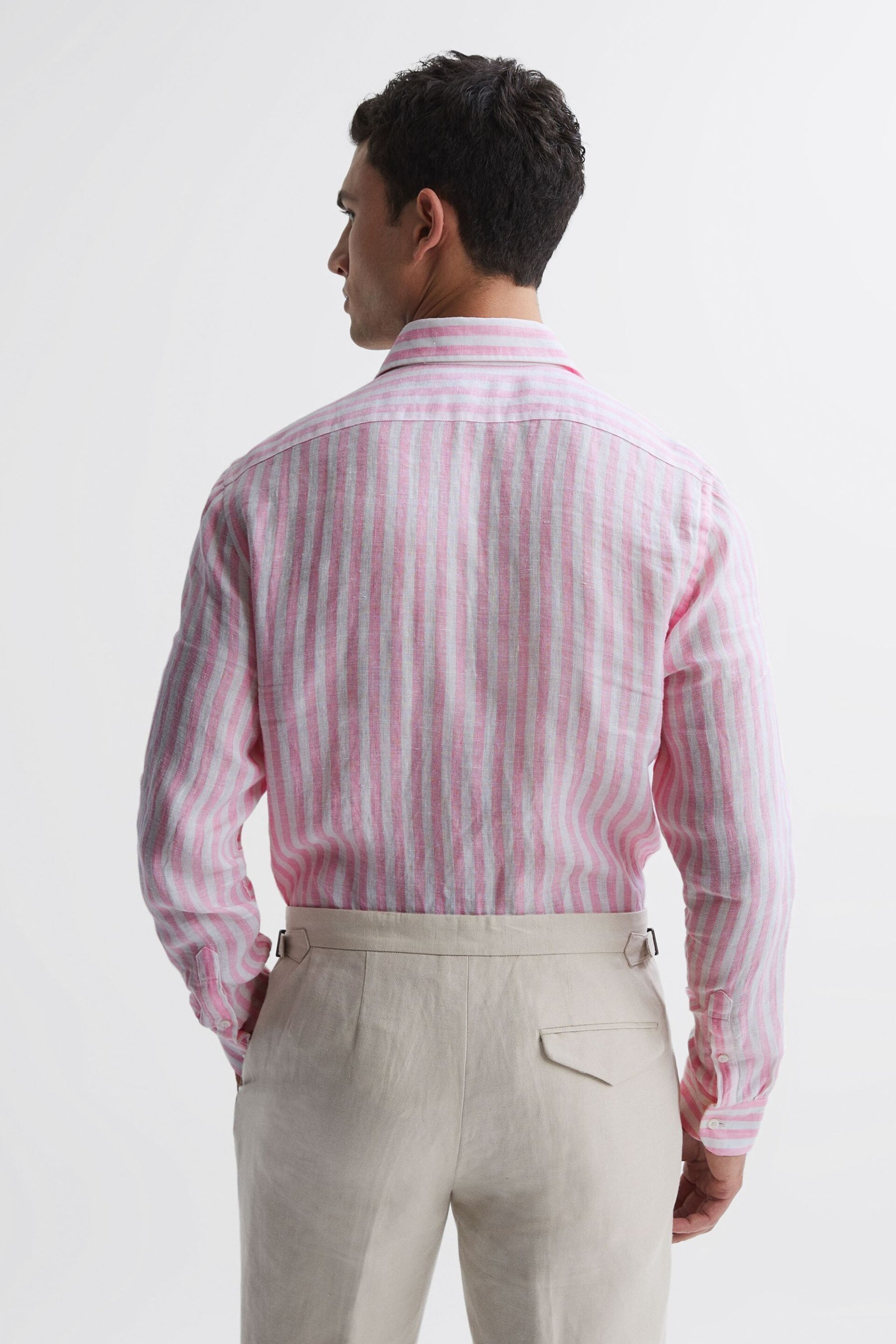 Reiss Soft Pink Herringbone Stripe Ruban Linen Long Sleeve Shirt - Image 5 of 5