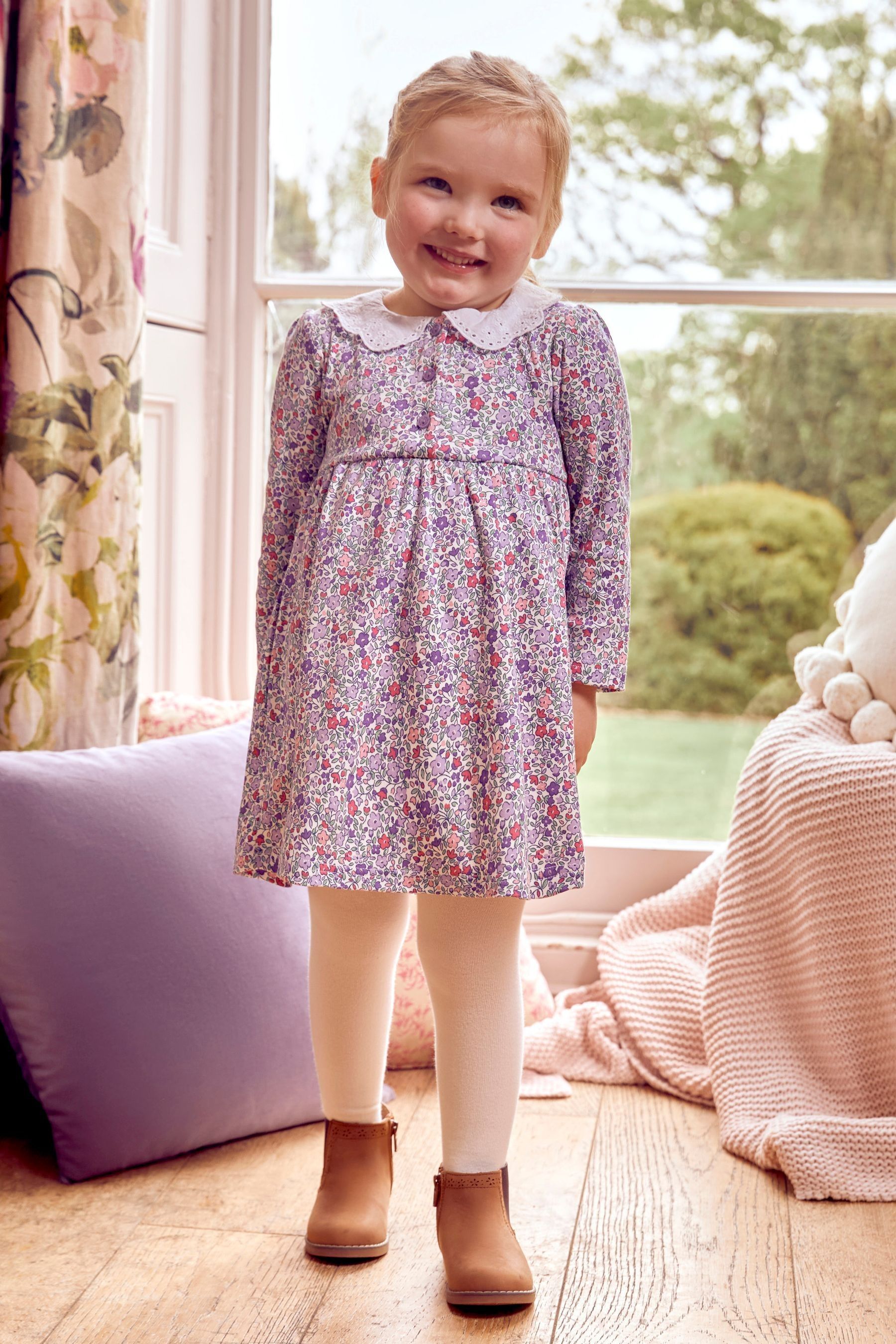 Buy JoJo Maman Bebe Cream Girls Ditsy Floral Dress With Broderie Collar from Next Luxembourg
