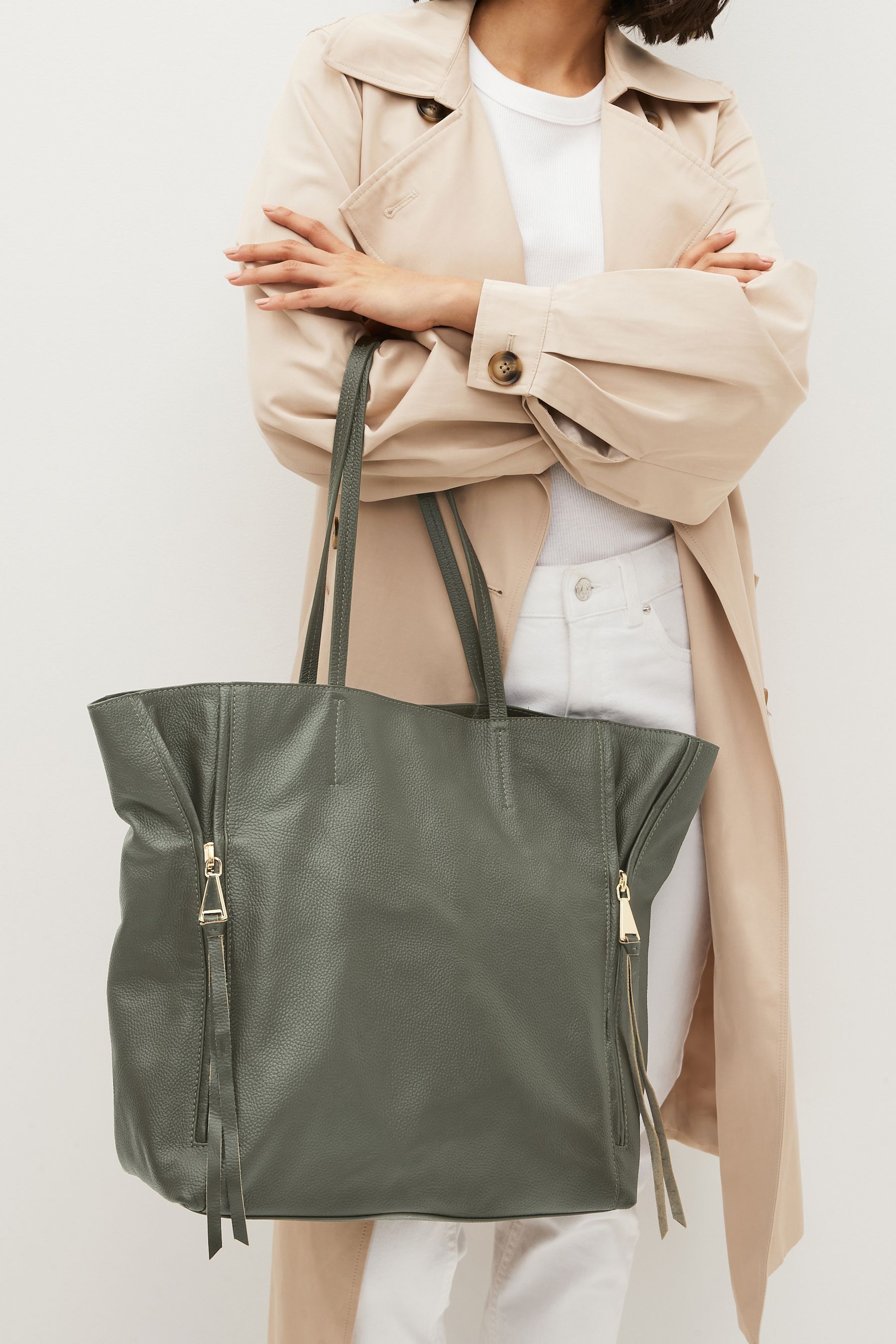 Buy Khaki Green Leather Shopper Bag from Next Luxembourg
