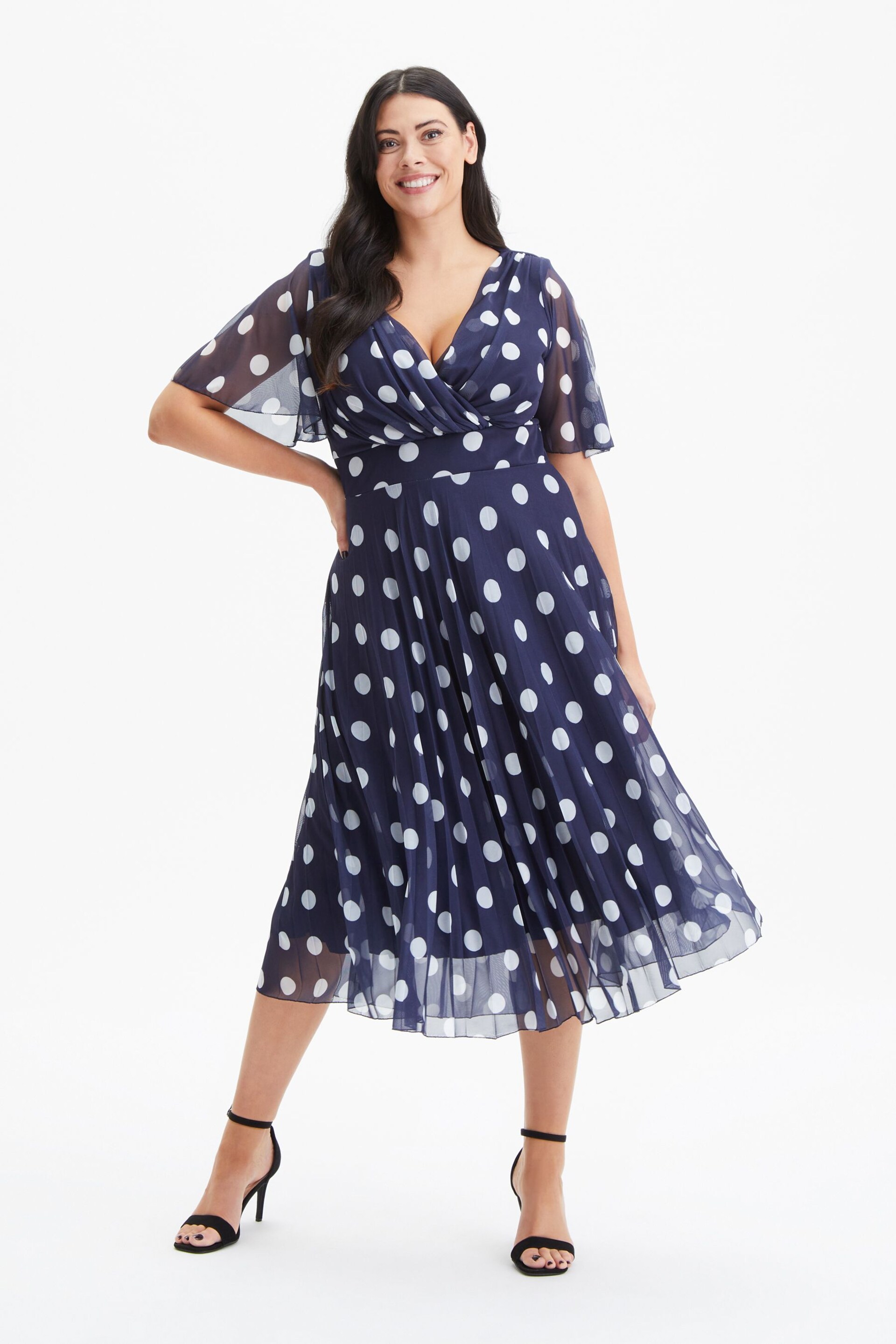 Scarlett & Jo Blue Carole Wrap Bodice Sunray Pleated Midi Dress - Image 1 of 4