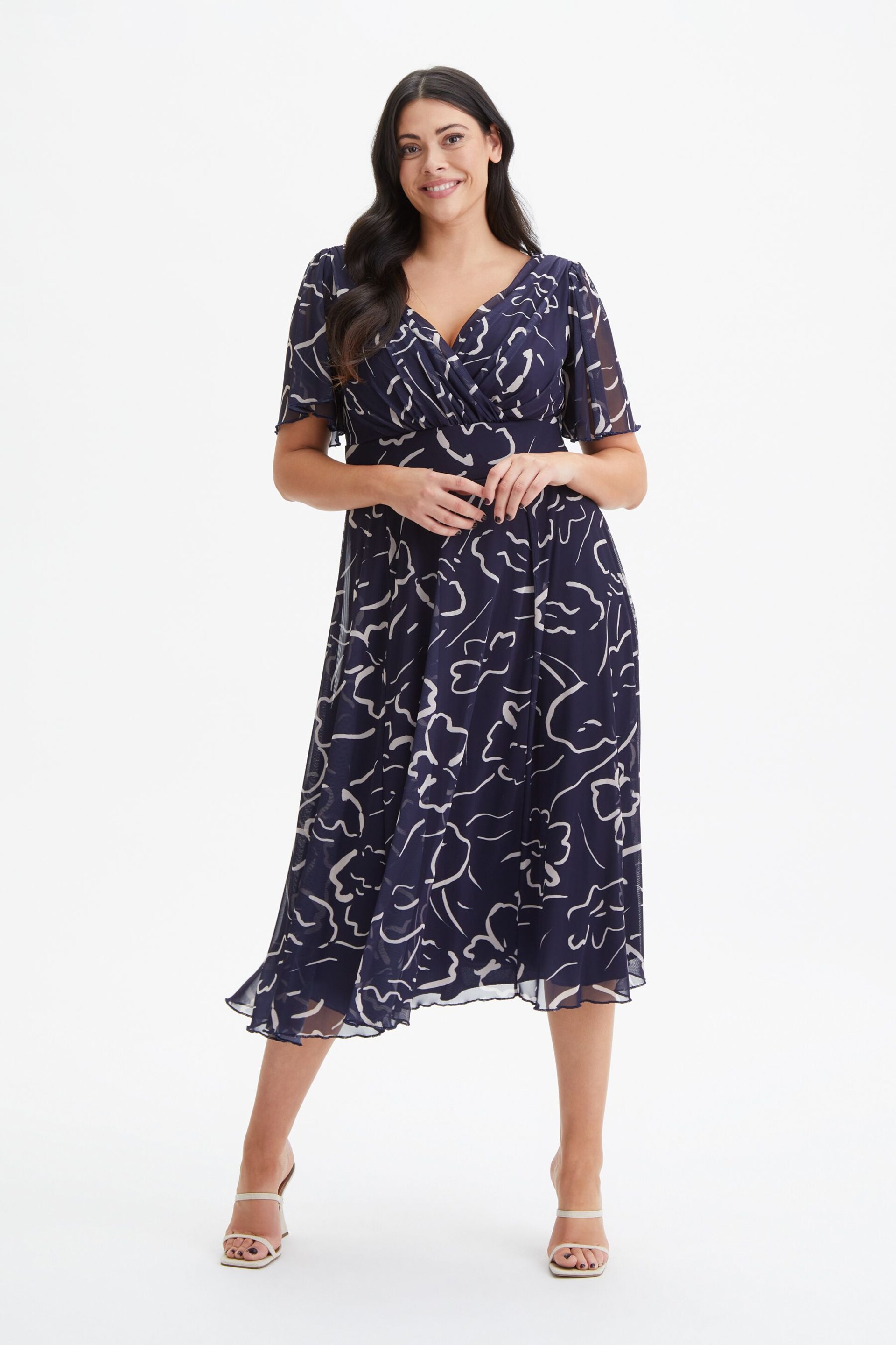 Scarlett & Jo Navy Blue Victoria Angel Sleeve Mesh Midi Dress - Image 1 of 4