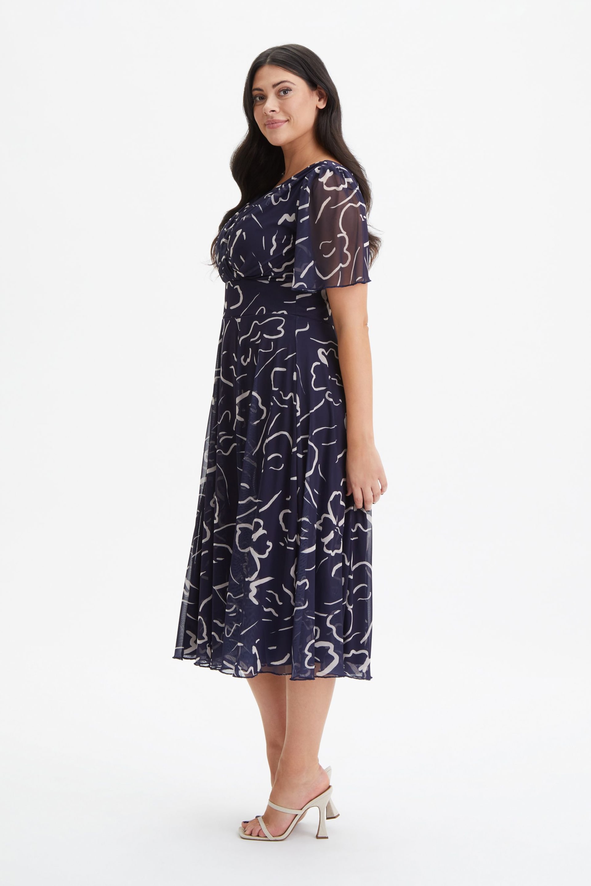 Scarlett & Jo Navy Blue Victoria Angel Sleeve Mesh Midi Dress - Image 3 of 4