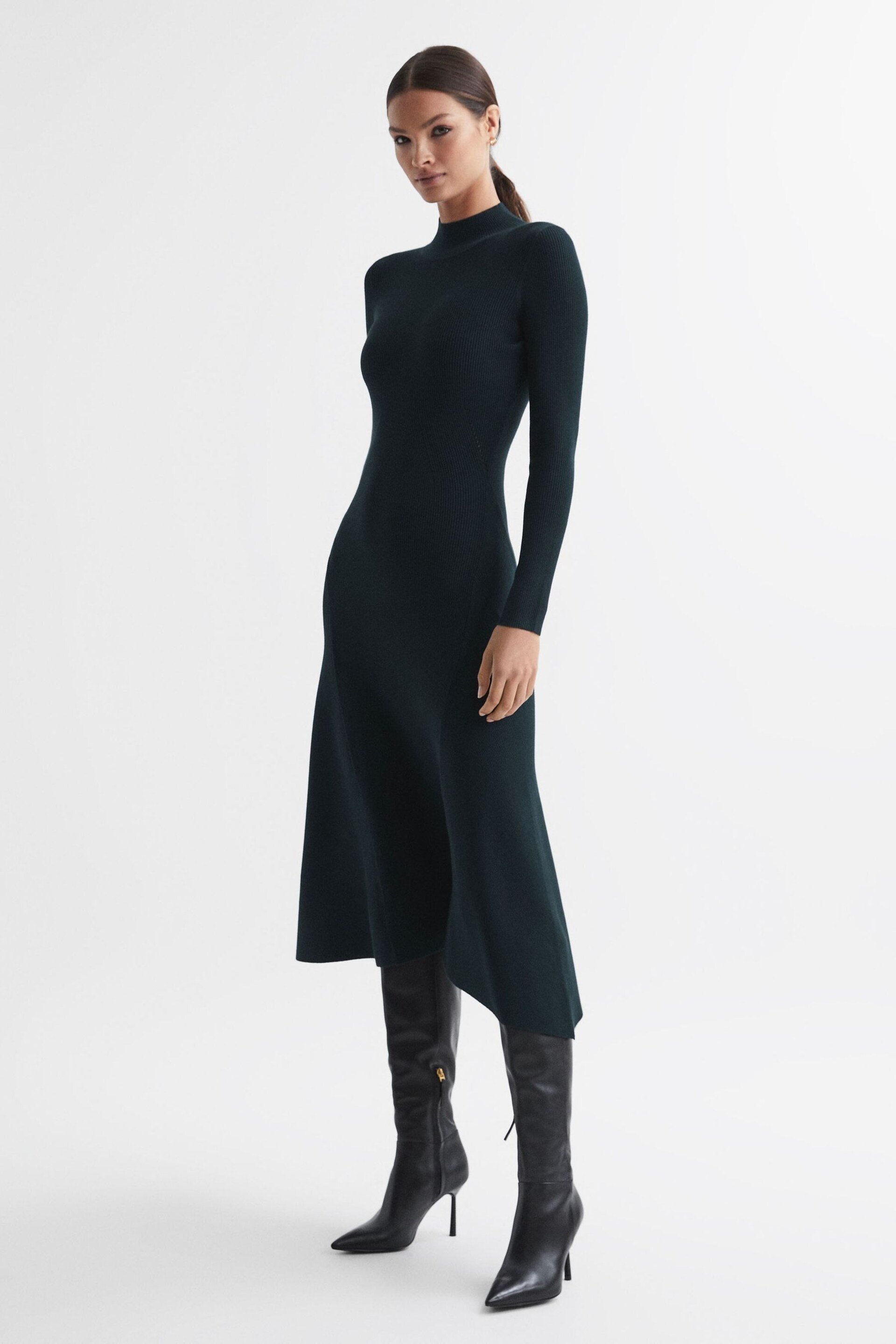 Reiss Teal Chrissy Petite Knitted Bodycon Midi Dress - Image 3 of 7