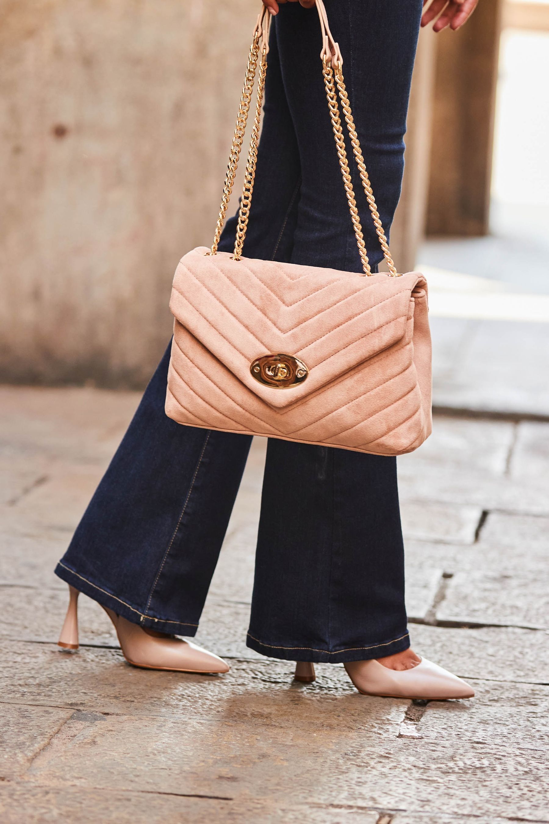 Buy Sosandar Blush Pink Faux Suede Quilted Clasp Detail Cross Body Bag from the Next UK online shop